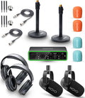 Movo Podcast Equipment Bundle for 2 with USB Audio Interface and 2 CastMic Dynamic Podcast Microphone Bundle with Mic Stands and Headphones for Podcasting, Streaming, and Musicians - Podcast Kit