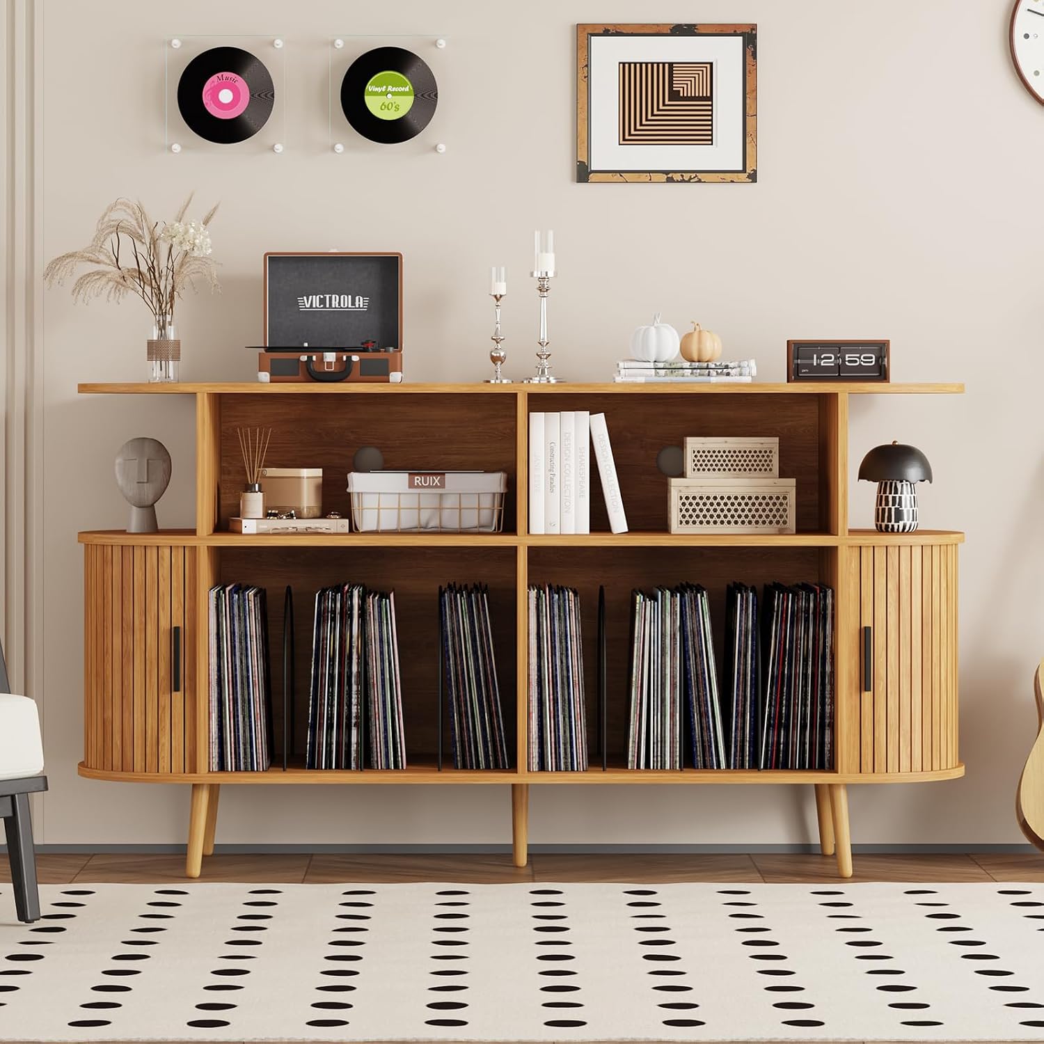 55.1' Wide Record Player Stand with Storage - Vinyl Record Storage Cabinet & Media Console Holds 300+ Records, Mid Century Modern Turntable Stand for Living Room (Natural, 55.1')