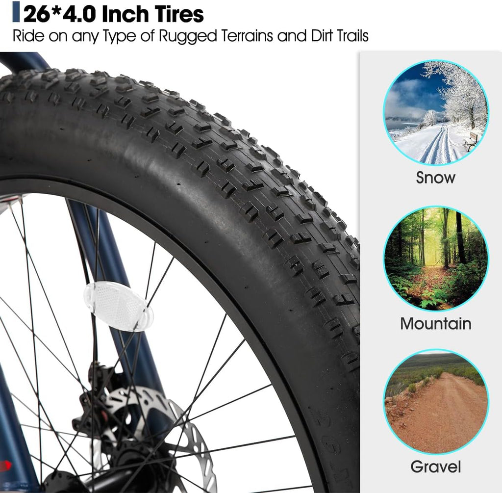 HILAND 24 26 Inch Fat Tire Mountain Bike for Men and Women, High Carbon Steel Frame Beach and Snow Wide Tire Adult Bicycle, 7-Speed and Dual-Disc Brake MTB