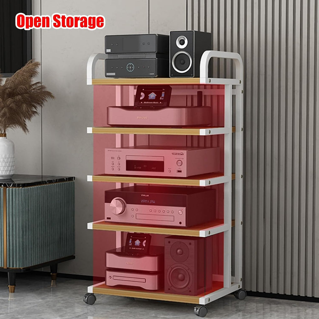 Black Record Player Shelf Movable, Media Stand DVD Audio Rack Floorstanding 3 4 5 Tier Component Storage Holder, Living Room Game Equipment Cabinet(Color:5 Tier 50x40x106cm)
