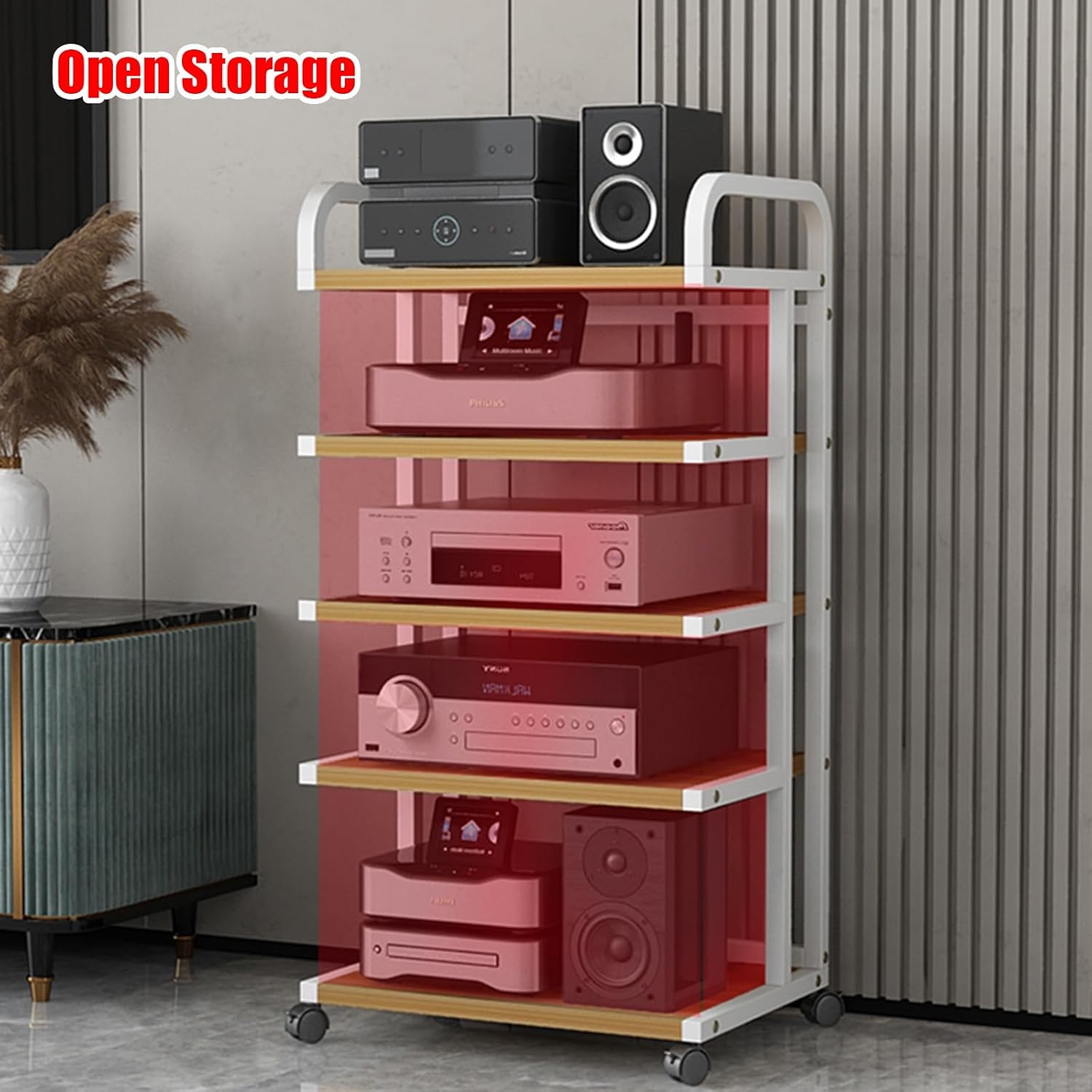 Black Record Player Shelf Movable, Media Stand DVD Audio Rack Floorstanding 3 4 5 Tier Component Storage Holder, Living Room Game Equipment Cabinet(Color:5 Tier 50x40x106cm)