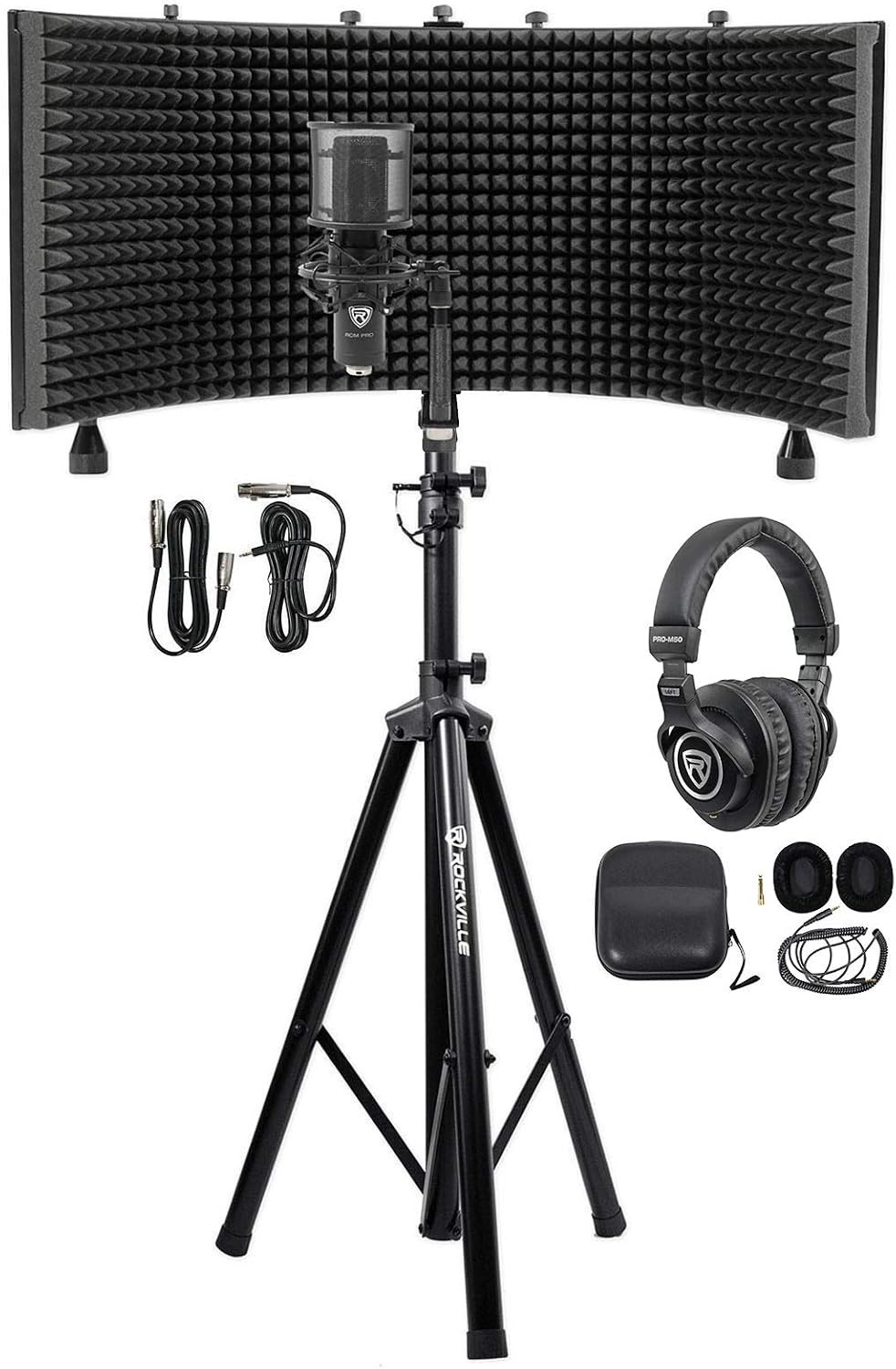 Rockville Recording Studio Bundle: Rockshield 3 Mic Isolation Shield W/Sound Dampening Foam, Rcm Pro Condenser Microphone, Pro-M50 Headphones, Rves05 Tripod Stand, 4-Items