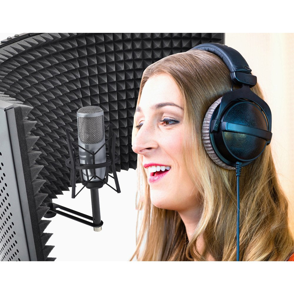 Pyle, Microphone Isolation Shield, Sound Dampening Foam, Studio Quality, Adjustable Mic Depth, Folding Panels, Countertop & Stand Mountable, Includes Removable Shock Mount, Universal Threading