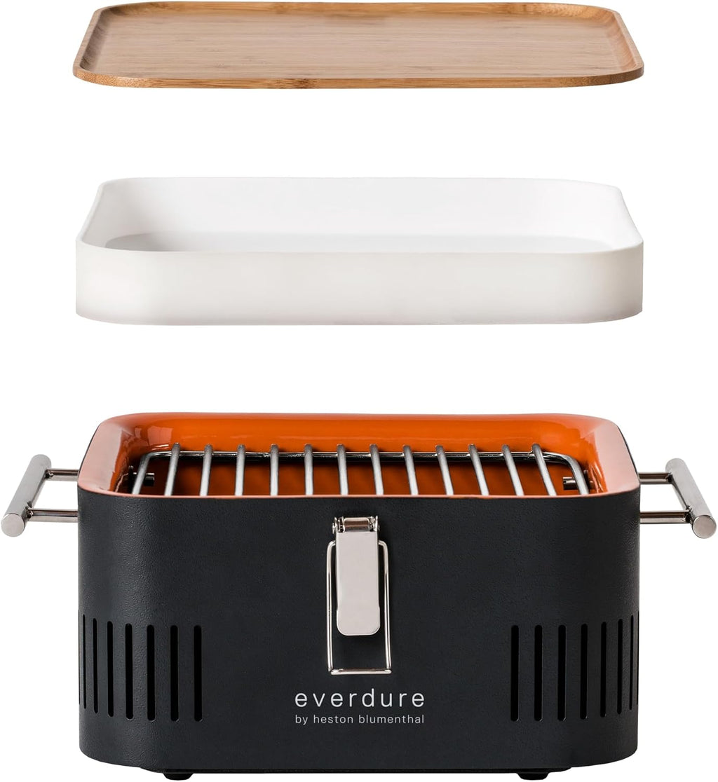 Everdure CUBE Portable Charcoal Grill, Tabletop BBQ, Perfect Tailgate, Beach, Patio, or Camping Grill, Lightweight & Compact Small Grill with Preparation Board & Food Storage Tray, Graphite