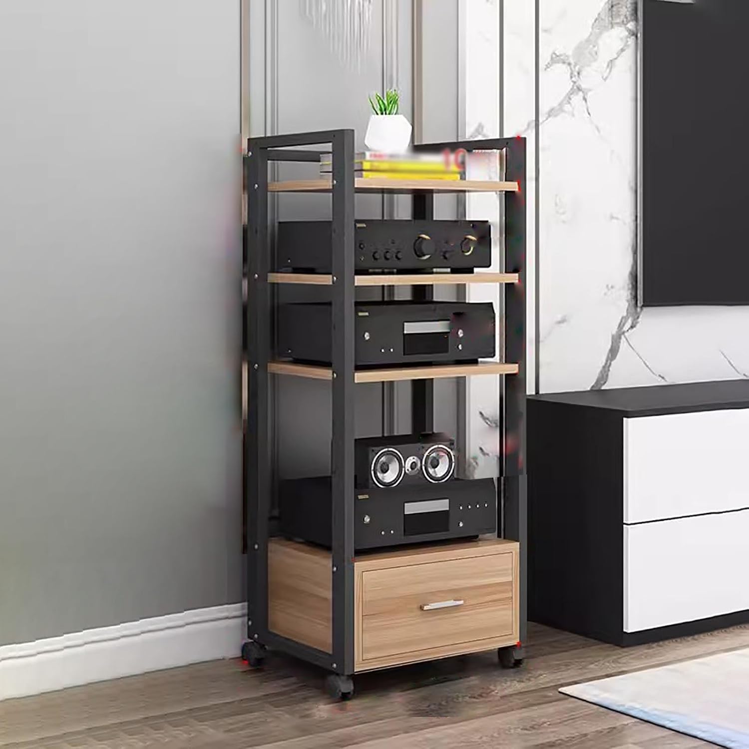AV Media Stand Corner Shelf - Rack Audio Tower with Adjustable Shelves - 79 100 120cm Tall Shelf Stand with Wheels - Audio Equipment Rolling Cart Rack Portable for Home, 4Tiers-120cm Tall
