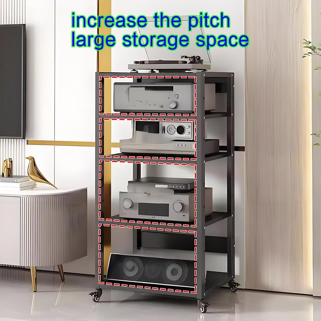 Modern Audio Cabinet & Media Storage, Adjustable Shelves Record Player & DVD/CD Rack Tower, Movable AV Stand, Stylish Black Stereo Holder (50x40)
