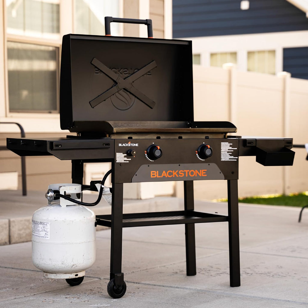 Blackstone Original 28' Griddle, Outdoor Cooking Station with Built-In Hood, Black - Includes Extendable Side Shelves and Caster Wheels
