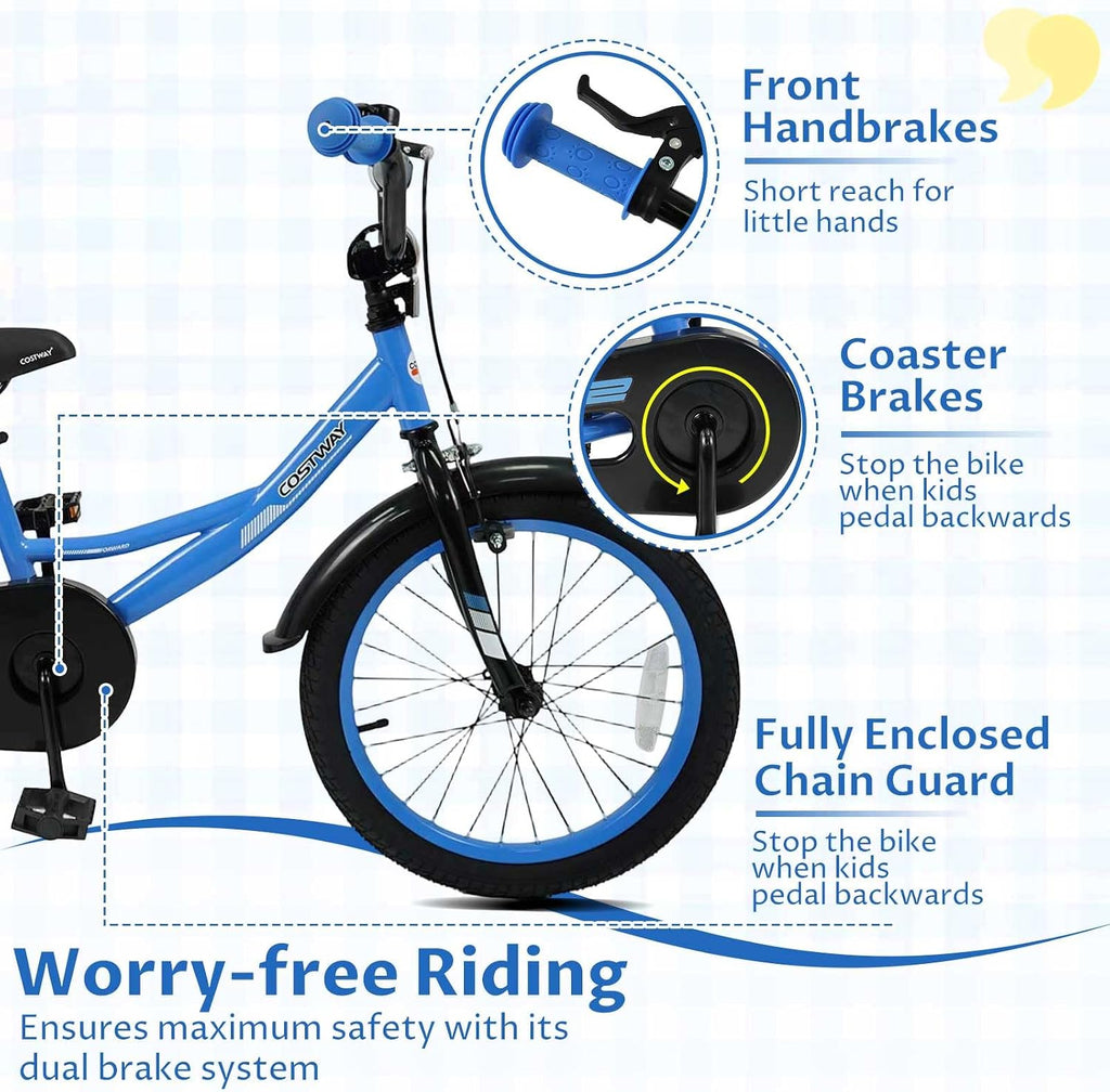 COSTWAY Kids Bike, 18 Inch Toddler Bicycle with Removable Training Wheels, Dual Brakes, Adjustable Seat & Handlebar Height, Girls & Boys Bikes for 3-8 Years Old (Blue,18 Inch with Kickstand)