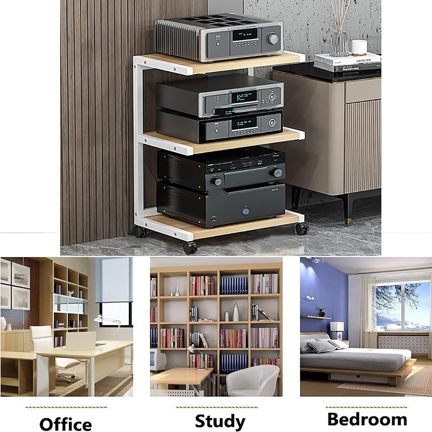 AV Media Stand with Wheels, Gaming Shelves Audio Cabinet Stereo Component Cabinet Small Media Console Storage Rack Audio Tower Corner Entertainment Center for Record Player(White,50x40x61cm)