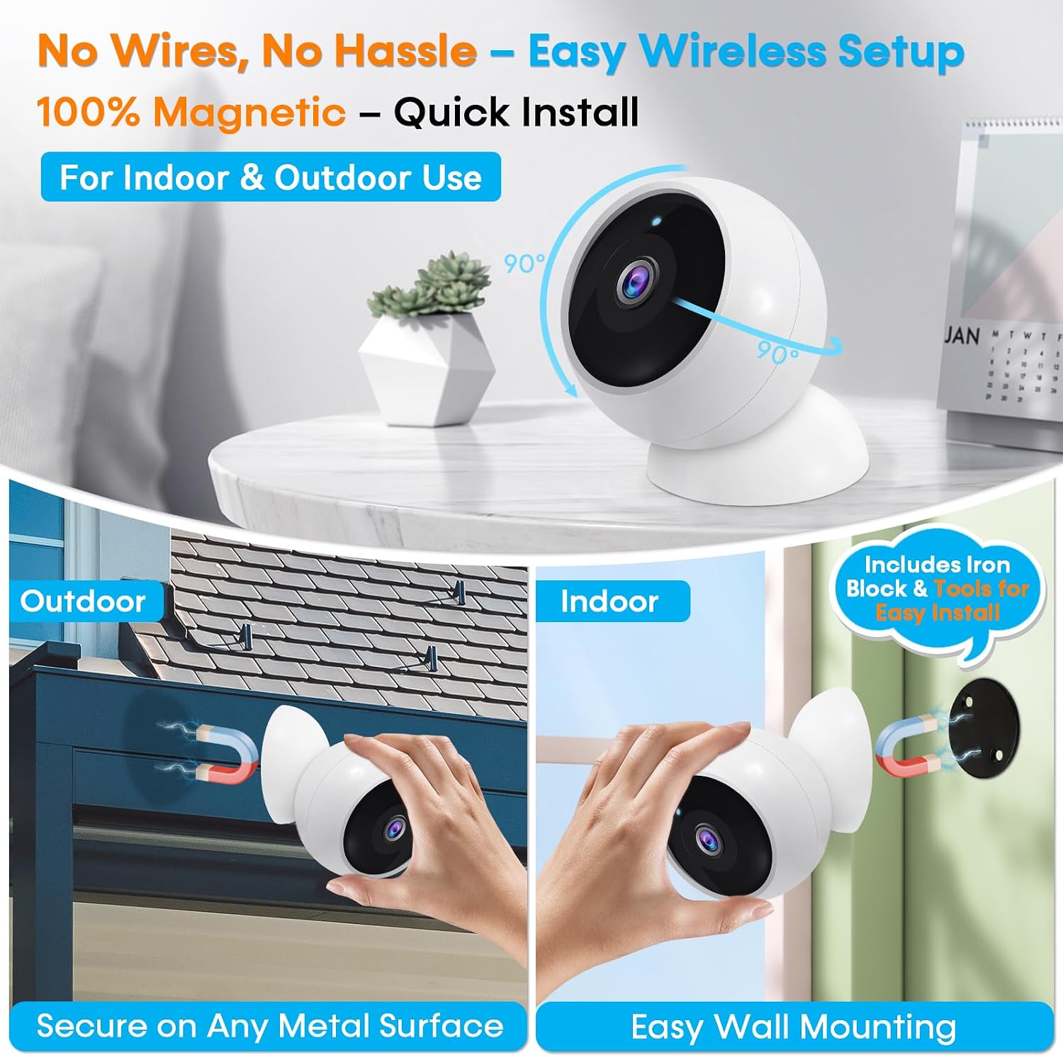 AMTIFO Security Cameras Wireless Outdoor Magnetic - 4-Pack Install-Free Indoor Smart 2K WiFi - Long Battery Life Powered Wireless Security Camera with AI Motion Detection