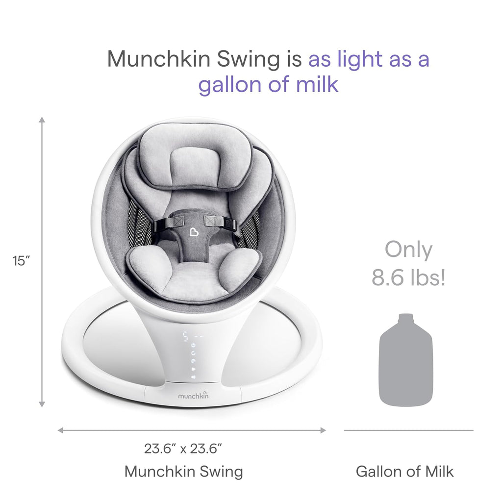 Munchkin Electric Baby Swing, Portable and Lightweight, Bluetooth Enabled Infant Rocker with Natural Sway in 5 Ranges of Motion, Newborn Nursery Essentials, White/Grey