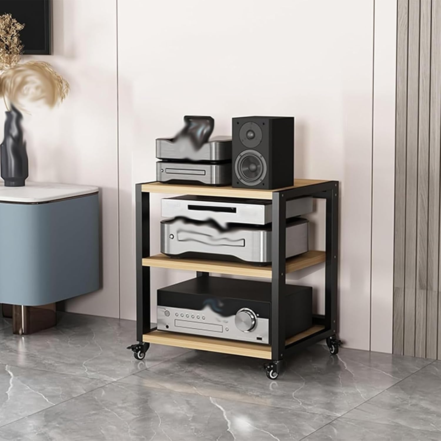 3-Tier Stereo Cabinet Furniture Equipment Shelf with Wheels, Mobile Corner Media Storage Stands Kitchen Organizer, Small Office Audio-Video Equipment Shelf (Size : 3 Tier (A))
