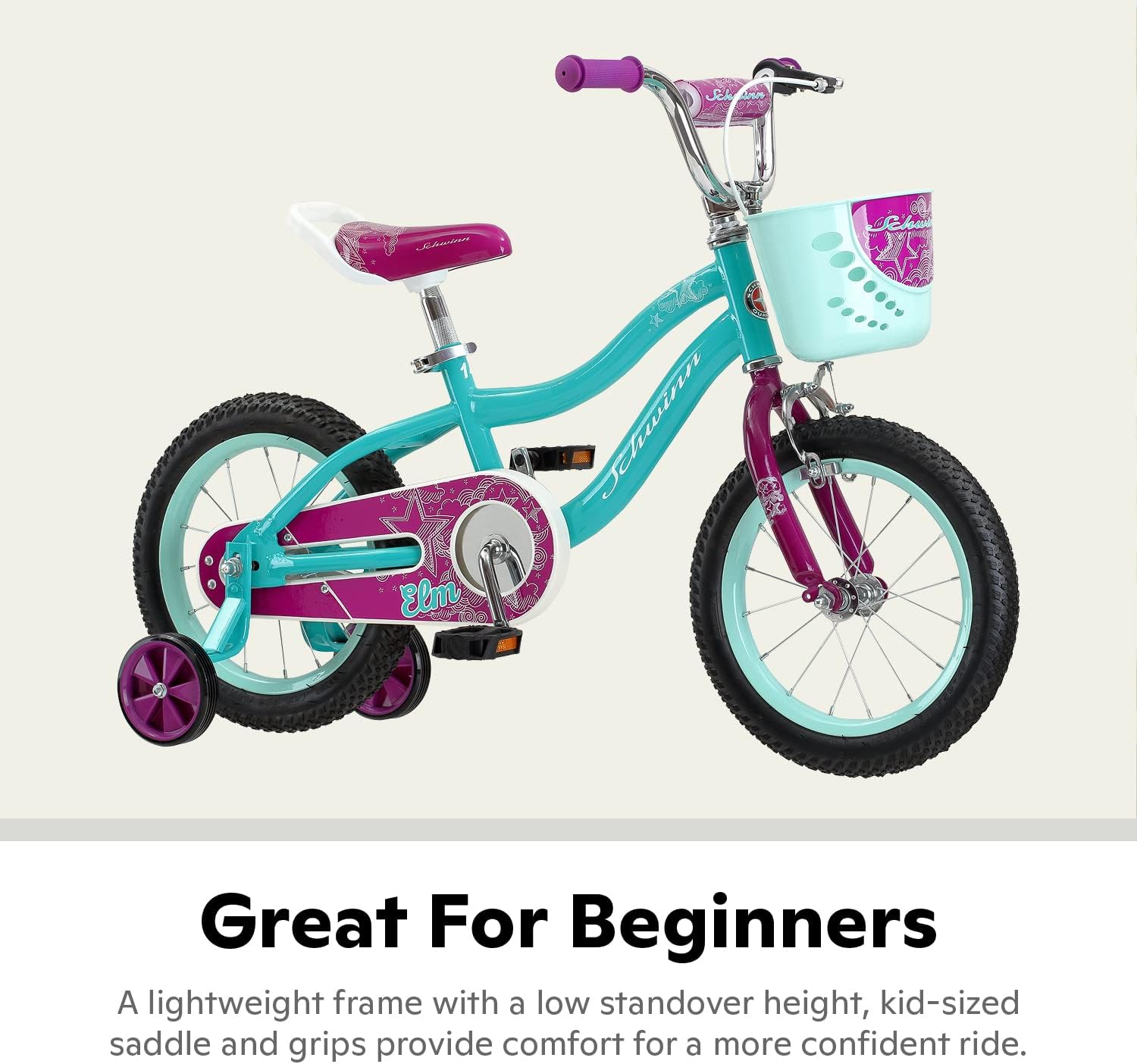 Schwinn Elm Bike, 14 Inch Bike for Kids Ages 3-4, SmartStart Ergonomic Design for Kids, Adjustable Seat Grows with your Child, Rear Coaster Brake and Front Caliper Brake, Training Bicycle