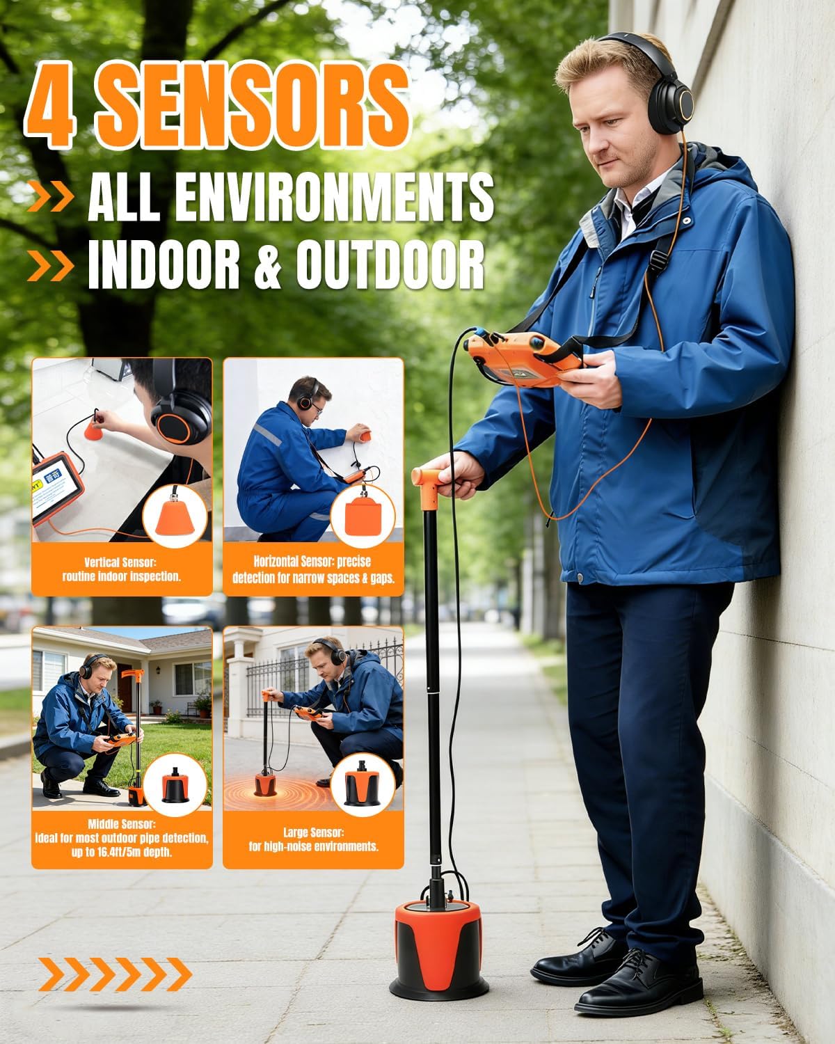 Professional Indoor/ Outdoor Underground Water Leak Detector, 5m Depth Wide Frequency 1 to 10000Hz Water Leak Finder with Headphone Touchscreen Carry Case - L7000