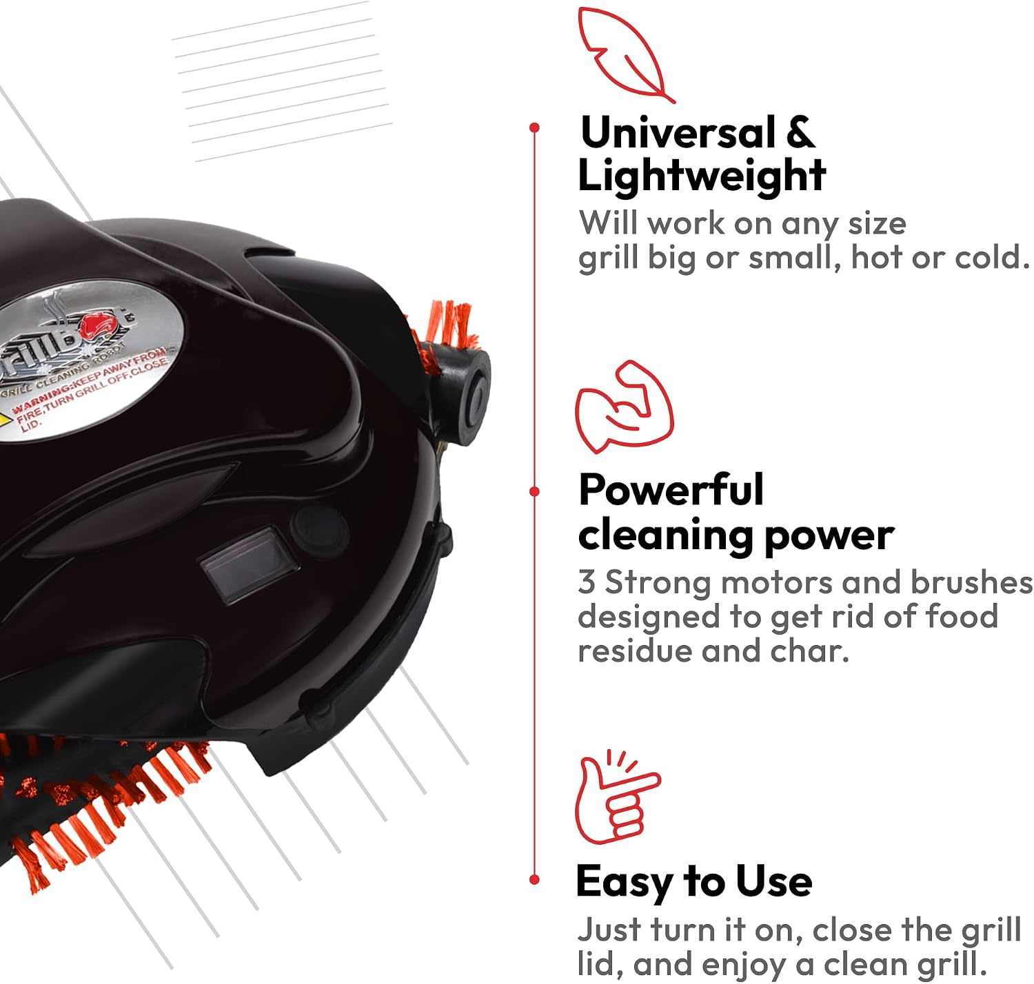 Grillbot Automatic Grill Cleaning Robot with Nylon Brushes, Electric BBQ Cleaner Brush with Motorized Power, Cordless Rechargeable Grill Scrubber for Outdoor Grills (Red and Case)