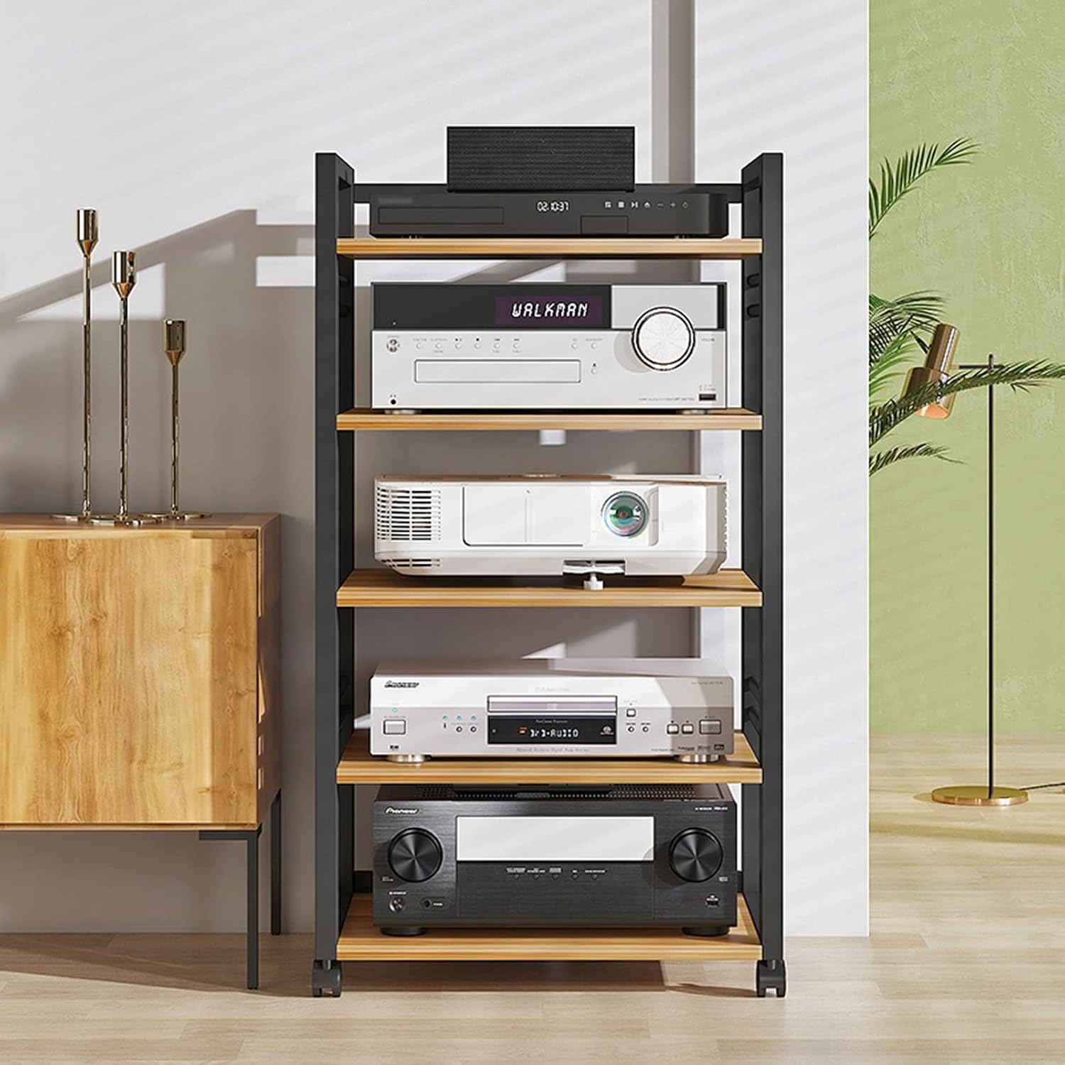 5 Tier Furniture Media Stand Audio Rack DVD CD Player Stand Power Amplifier Equipment Cabinet w/Height Adjustable Wooden Shelf, Floorstanding Storage Shelves,for Home/Office/Theater ( Color : Black )