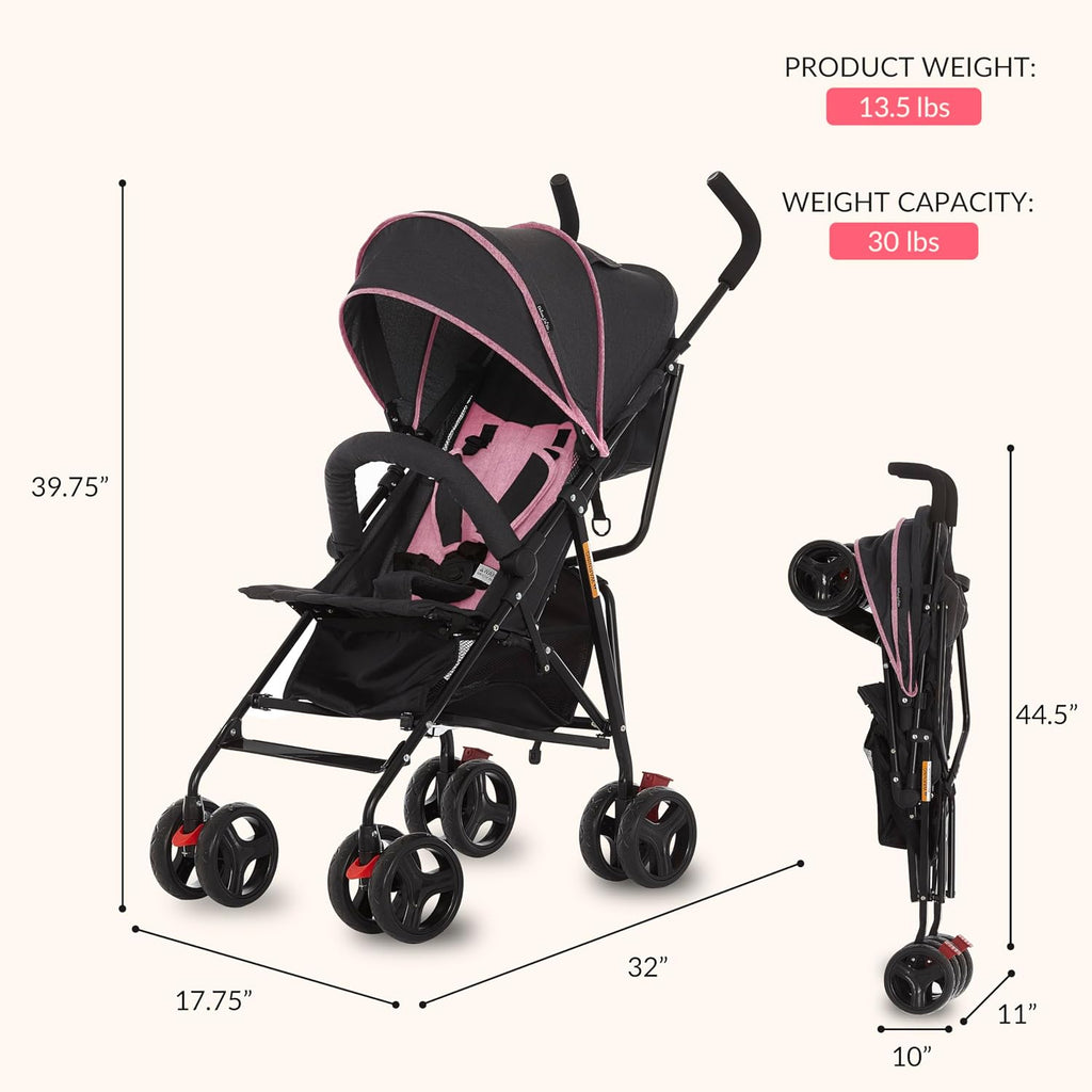 Dream On Me Vista Moonwalk Baby Stroller, Lightweight Travel Umbrella Stroller with Compact Fold, Smooth Ride Wheels, Multi-Position Recline, Spacious Storage Basket with Cup Holder, Pink