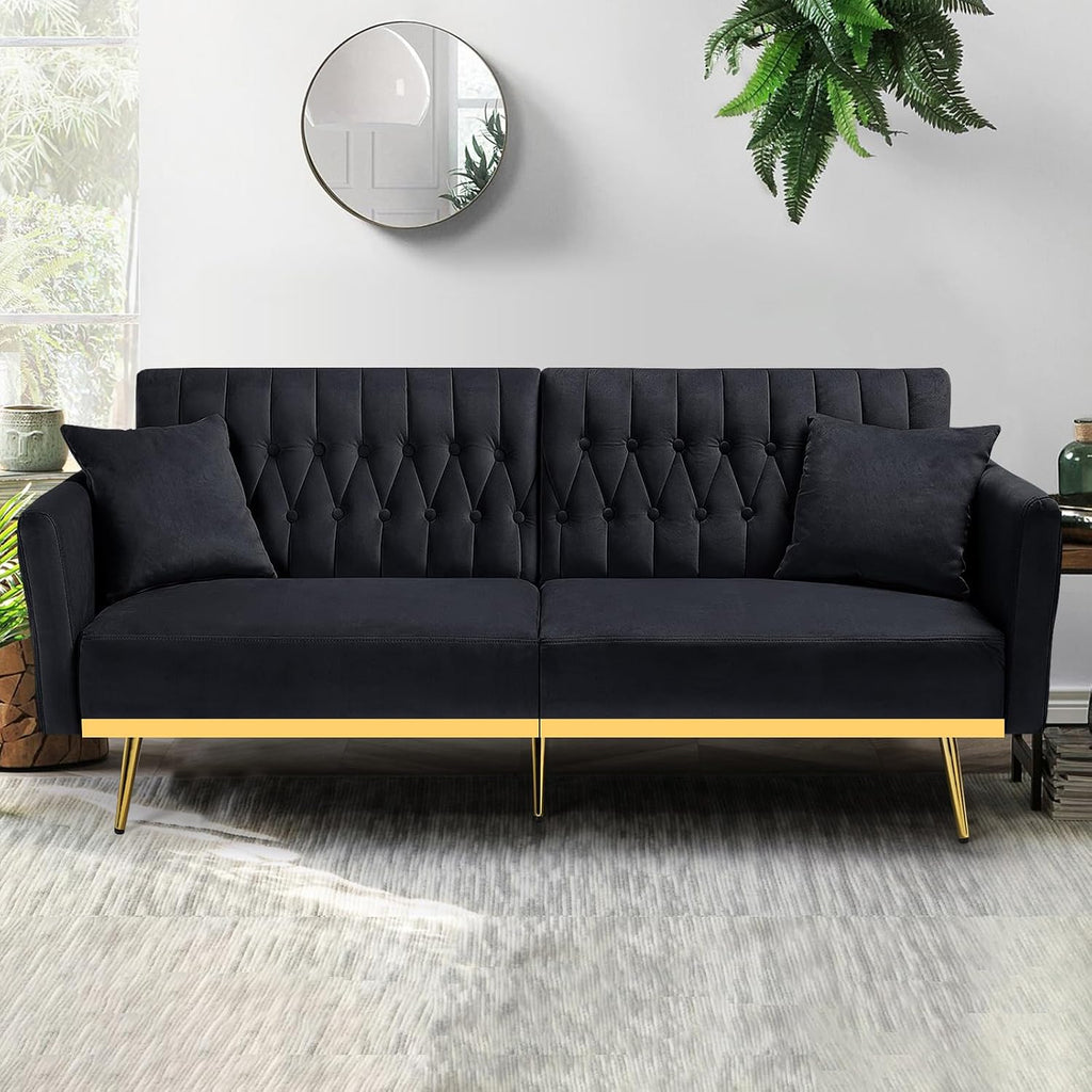 70' Velvet Futon Sofa Bed with 2 Pillows and Adjustable Armrests, Convertible Sleeper Bed W/Adjustable Backrests, Modern Loveseat for Living Room, Bedroom, Black