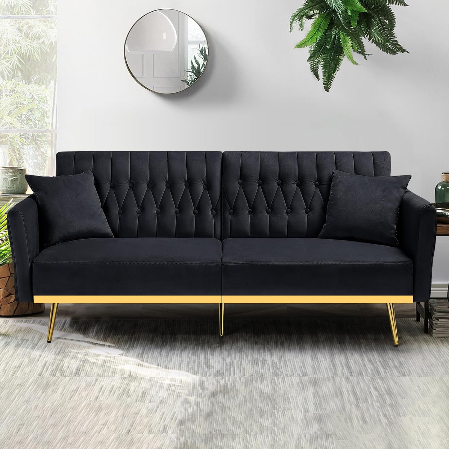 70' Velvet Futon Sofa Bed with 2 Pillows and Adjustable Armrests, Convertible Sleeper Bed W/Adjustable Backrests, Modern Loveseat for Living Room, Bedroom, Black