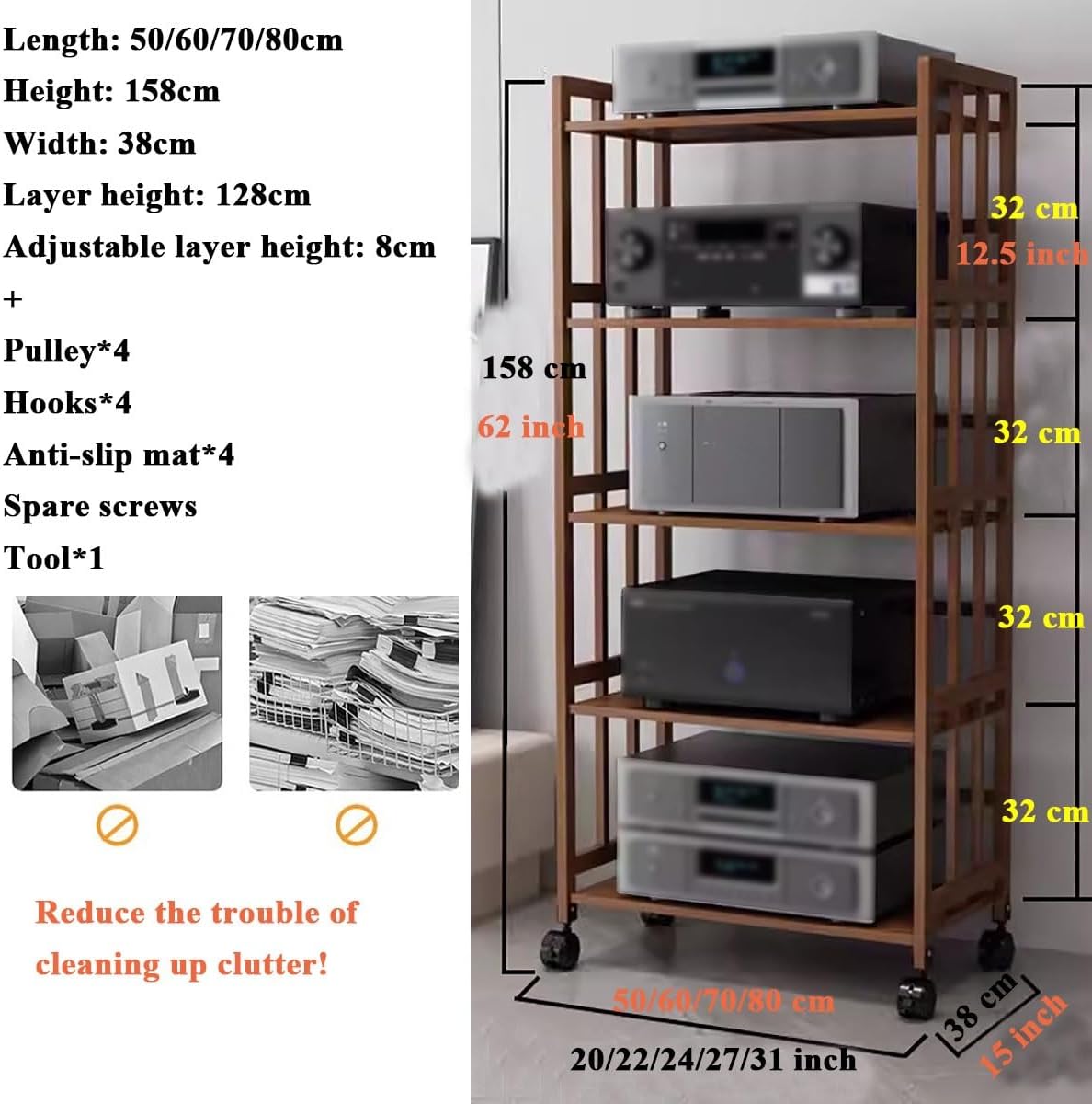Media Stand 5 Tier 62 Inch Tall Cabinet Furniture for Stereo Equipment, Movable Corner TV Entertainment Center, AV Component Storage Media Tower, Audio-Video Shelving Unit for Gaming Recordi