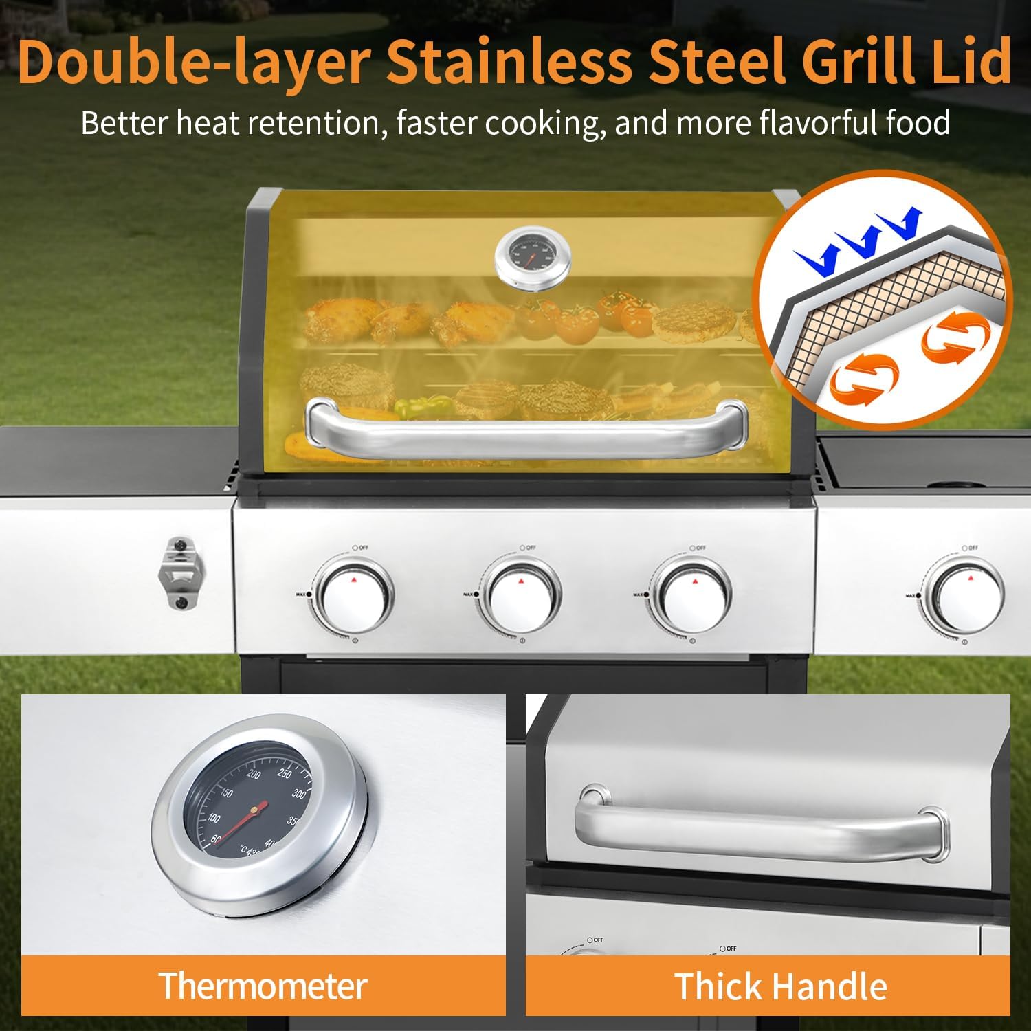 3 Burner Propane Gas Grill, Outdoor BBQ Grill with Side Burner, Barbecue Grill with Cast Iron Grate, Outdoor Gas Grill Cabinet Style Storage, 39000 BTU