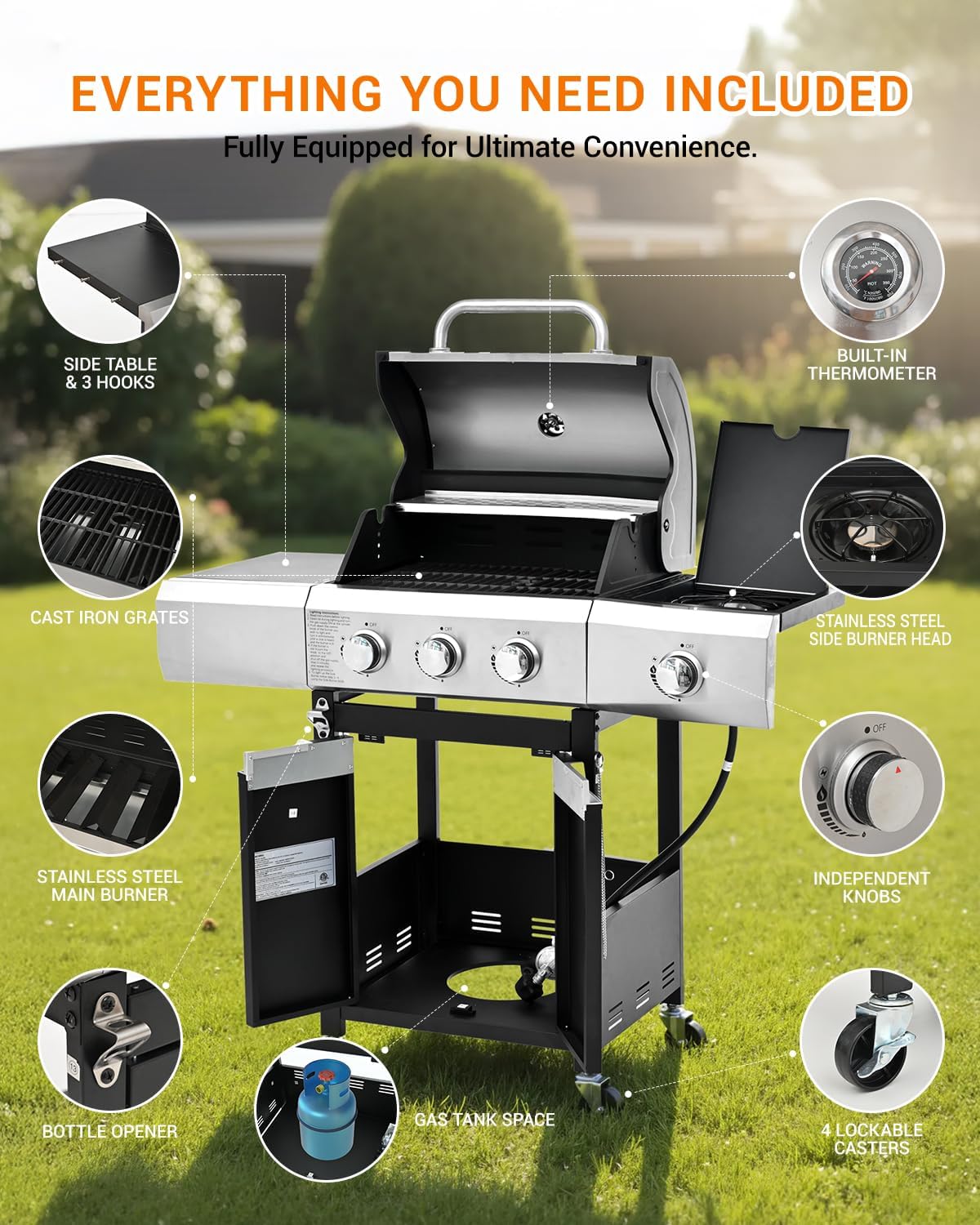 EUHOME 40,500 BTU 3-Burner Propane Gas Grill with Side Burner,Stainless Steel Outdoor BBQ Grill Portable with Wheels and Cast Iron Grates for Patio Garden Barbecue Cooking