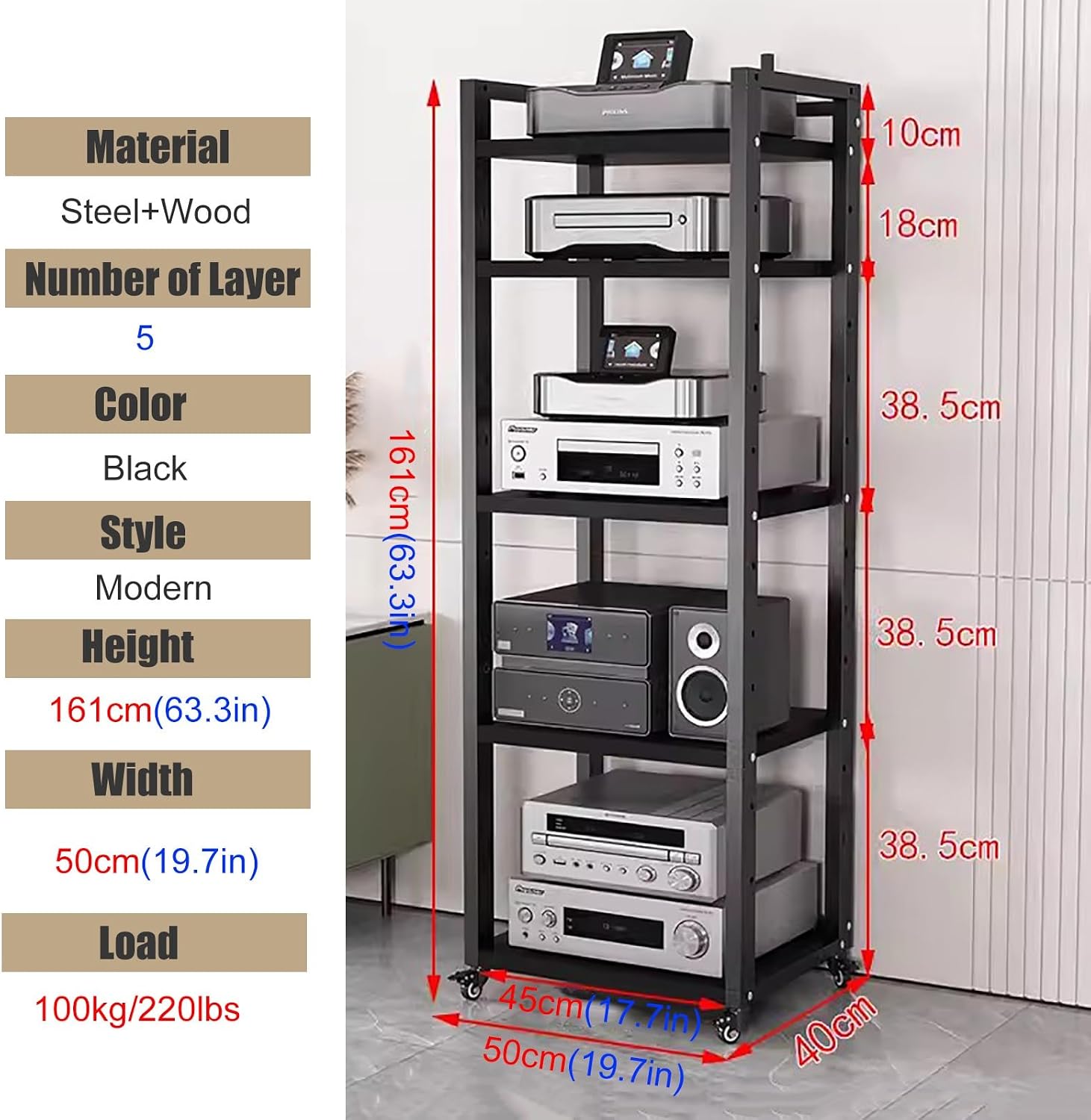 JYHHCYS Tall Stereo Racks and Stands on Wheels Media Storage Cabinet Rack, Black Modern Entertainment Stereo Components Stand, Audio Video Equipment Rack (Size : 5 tier-50cm Wide)