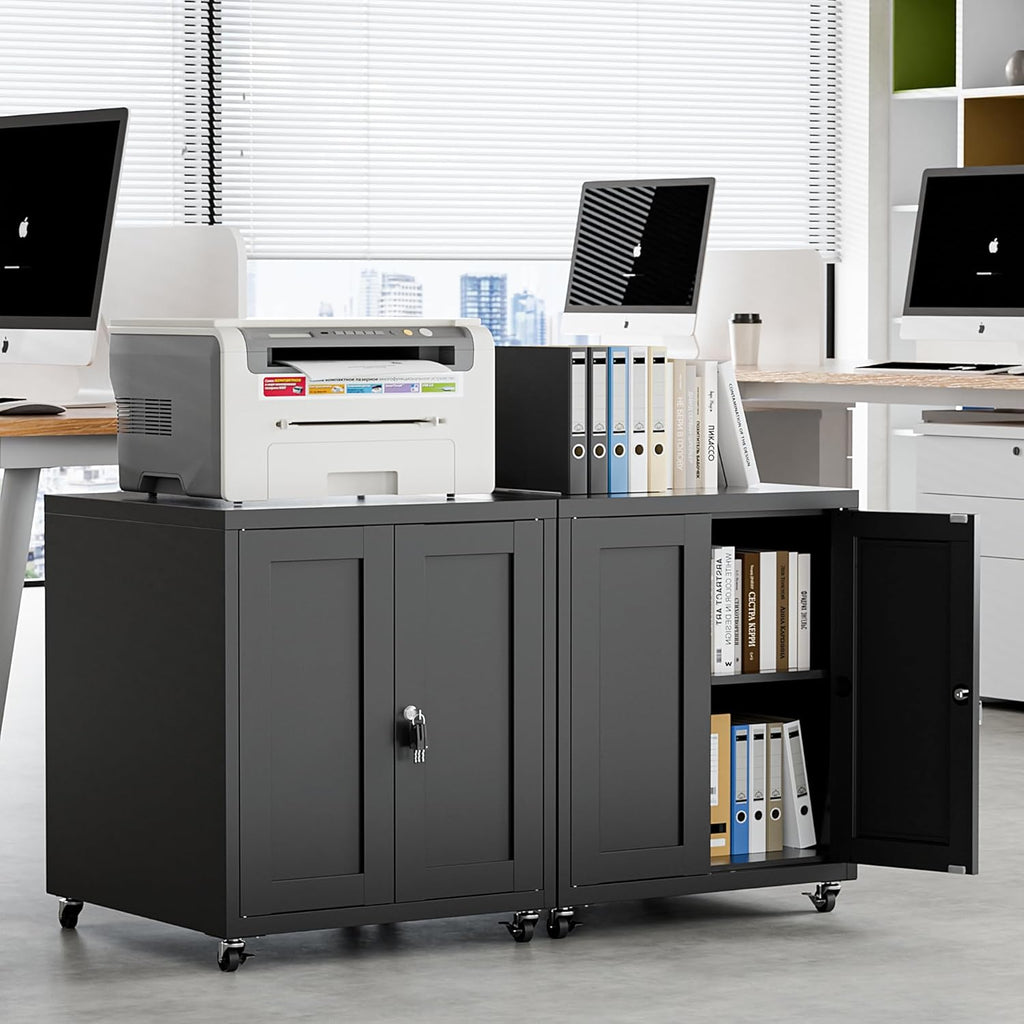 Large Printer Stand with Storage and Lock, 3D Heavy-Duty Printer Cabinet, Printer Table for Home Office with Doors and Adjustable Shelves, for Office Copier and Fax Machine, Black
