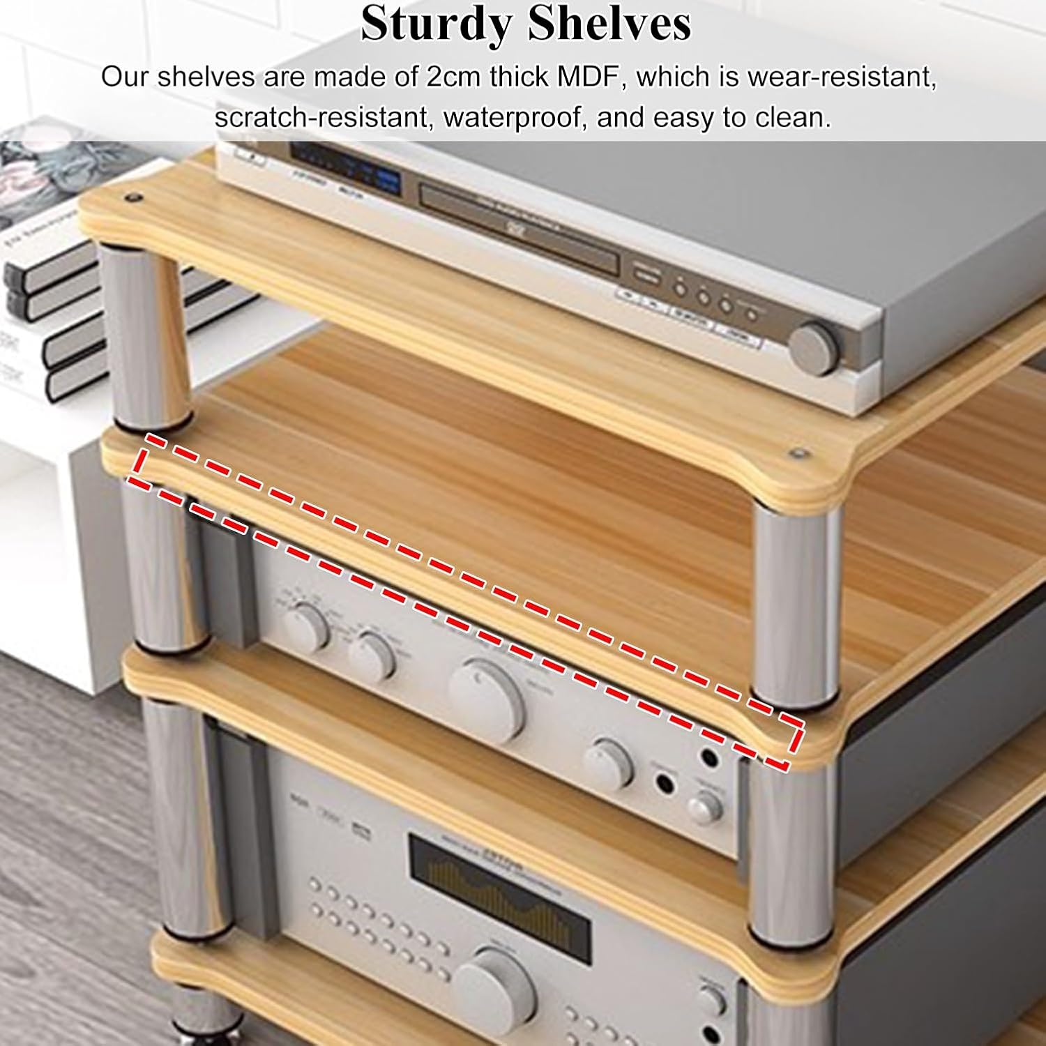 4-Tier AV Media Stand HiFi Rack Multifunctional Media Component Storage Cabinet with Shock-Absorbing Feet for Record Player, Audio Entertainment Equipment(Light Walnut)
