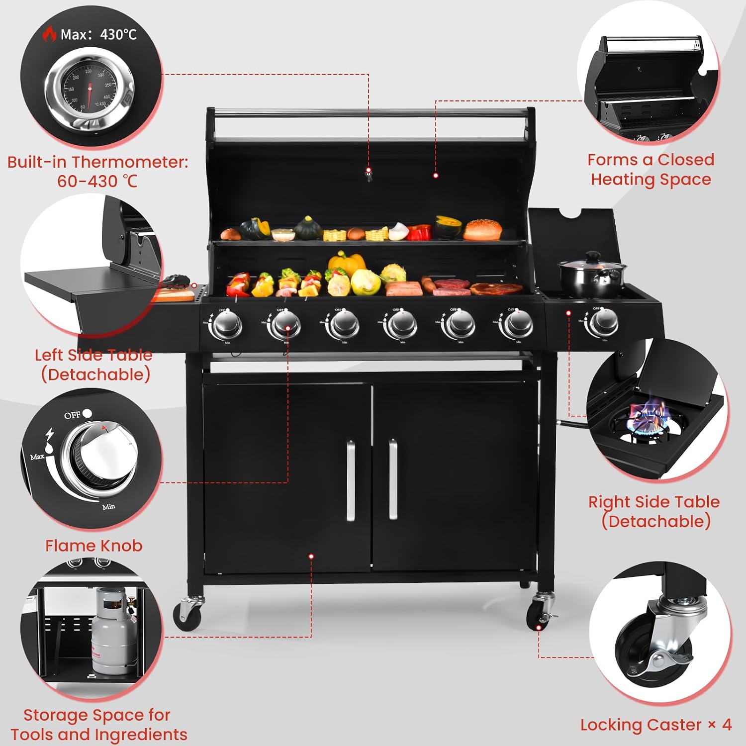 6-Burner w/Side Burner Gas Grill with 403 SQ.IN. Outdoor Grill with 60,000 BTU,Propane Grills with Top Cover Lid,Grills Outdoor Cooking for Patios,Camping,Balcony-Q032