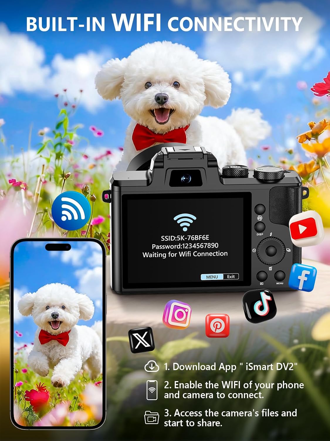 8K Digital Camera, 88MP WiFi Cameras for Photography with 3.2' Touchscreen, 16X Zoom Autofocus Vlogging Camera for YouTube Video, Anti-Shake, Dual Camera, 2 Batteries, 64GB Card, Flash, Lens Hood