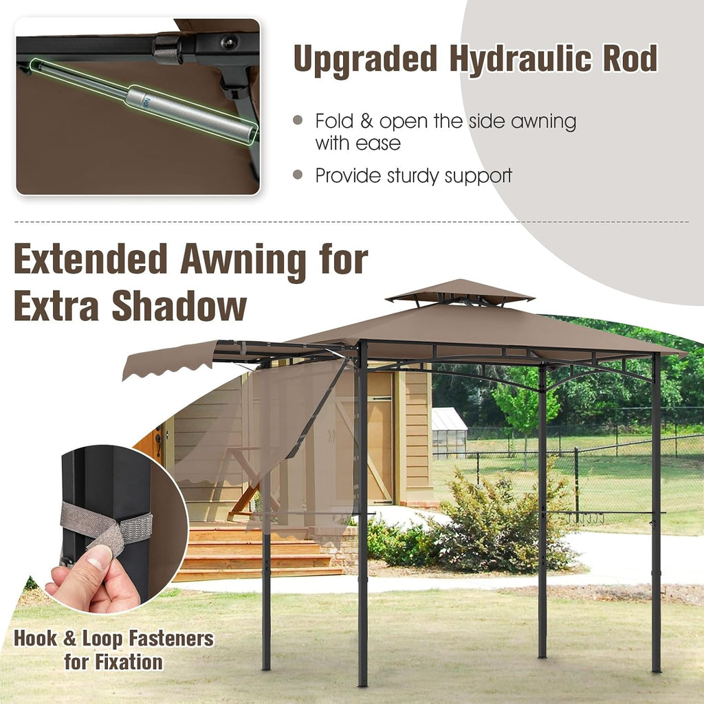 Tangkula 11x5 FT Grill Gazebo with Side Awning, 2-Tier Barbecue Gazebo with 2 Shelves, 12 Hanging Hooks, Bottle Opener, Outdoor Grill Canopy for Backyard Garden Poolside (Brown)