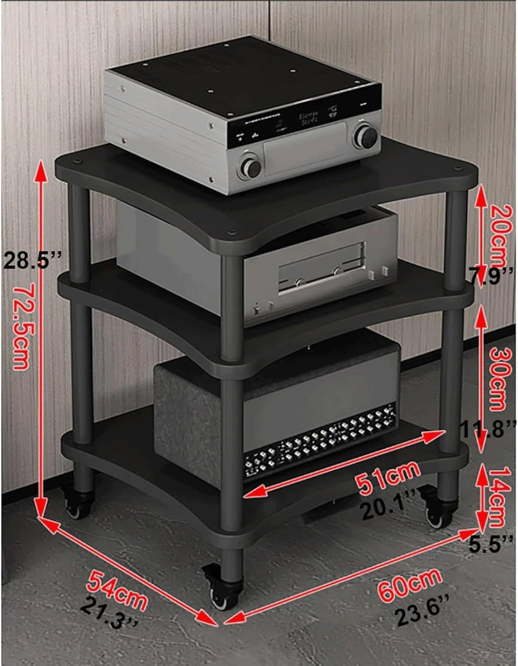 Audio Rack Stereo Rack Mobile Audio Equipment Rack Wooden Audio Rack Cabinet HiFi Rack with Wheels Audio Component Rack Durable(Nero,3 Tier)