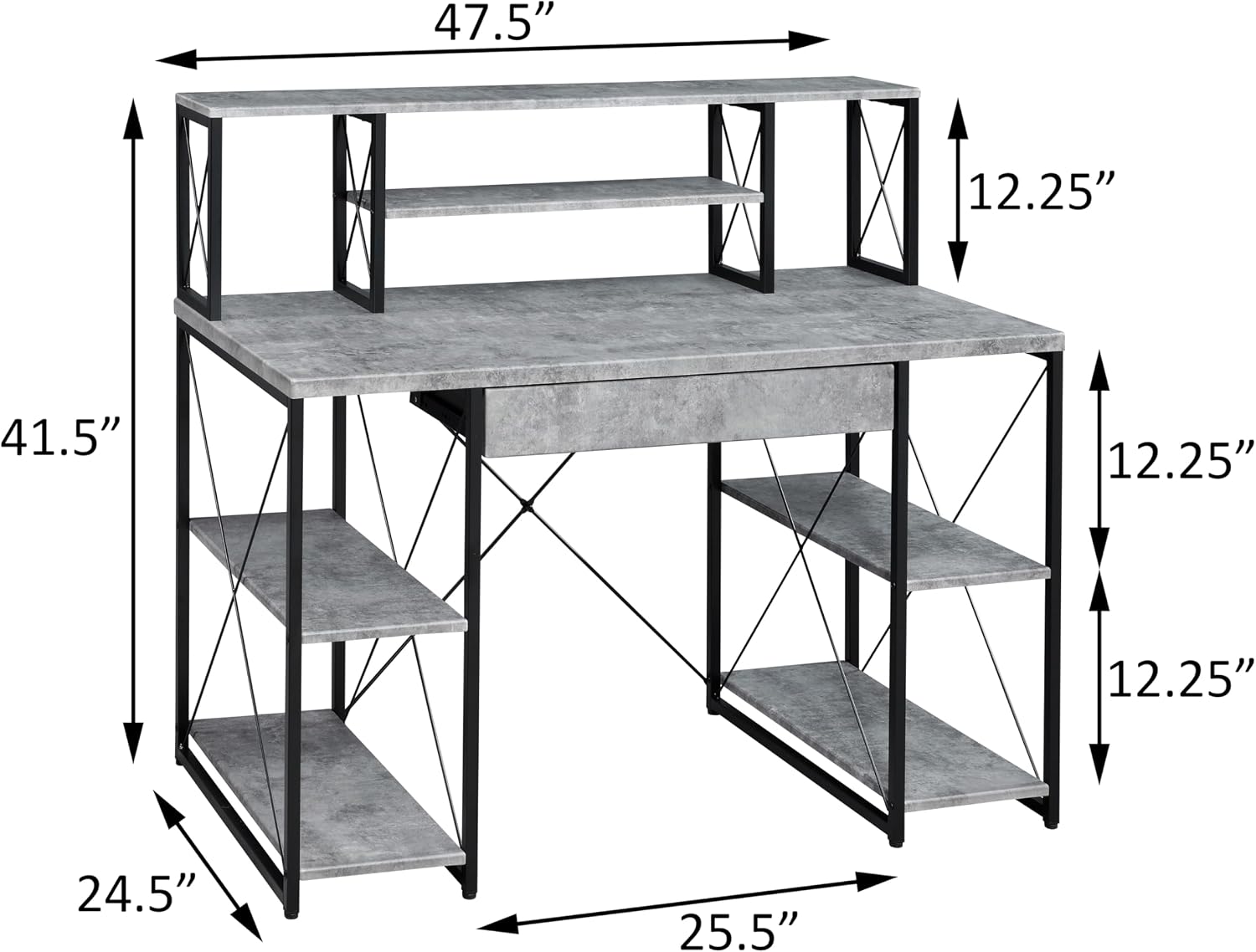 AMNOOL Office Desk with Open Shelves - Stylish Wood Recording Studio Workstation with Drawer and Compartments for Audio Equipment, Cables, and Accessories (Black+Grey)