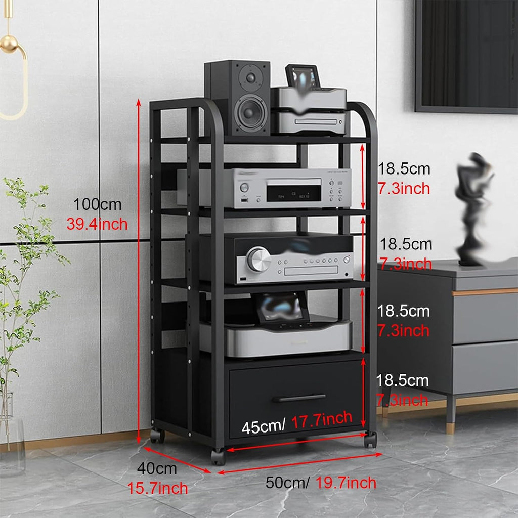 Stereo Cabinet Media Storage Stands with Storage Drawers, 5 Tier Vintage Audio-Video Media Stand, Home Theater Cabinet Electronics Equipment Shelf Tower (Size : 5-Tier (A))