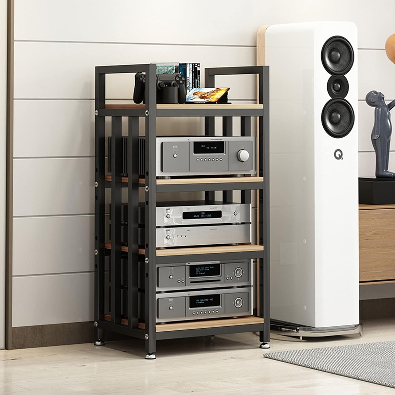 Black 4 Tier Furniture Media Stand DVD CD Player Stand Audio Rack Power Amplifier Equipment Cabinet with Height Adjustable Wooden Shelf Floorstanding Storage Shelves 50x40x100cm