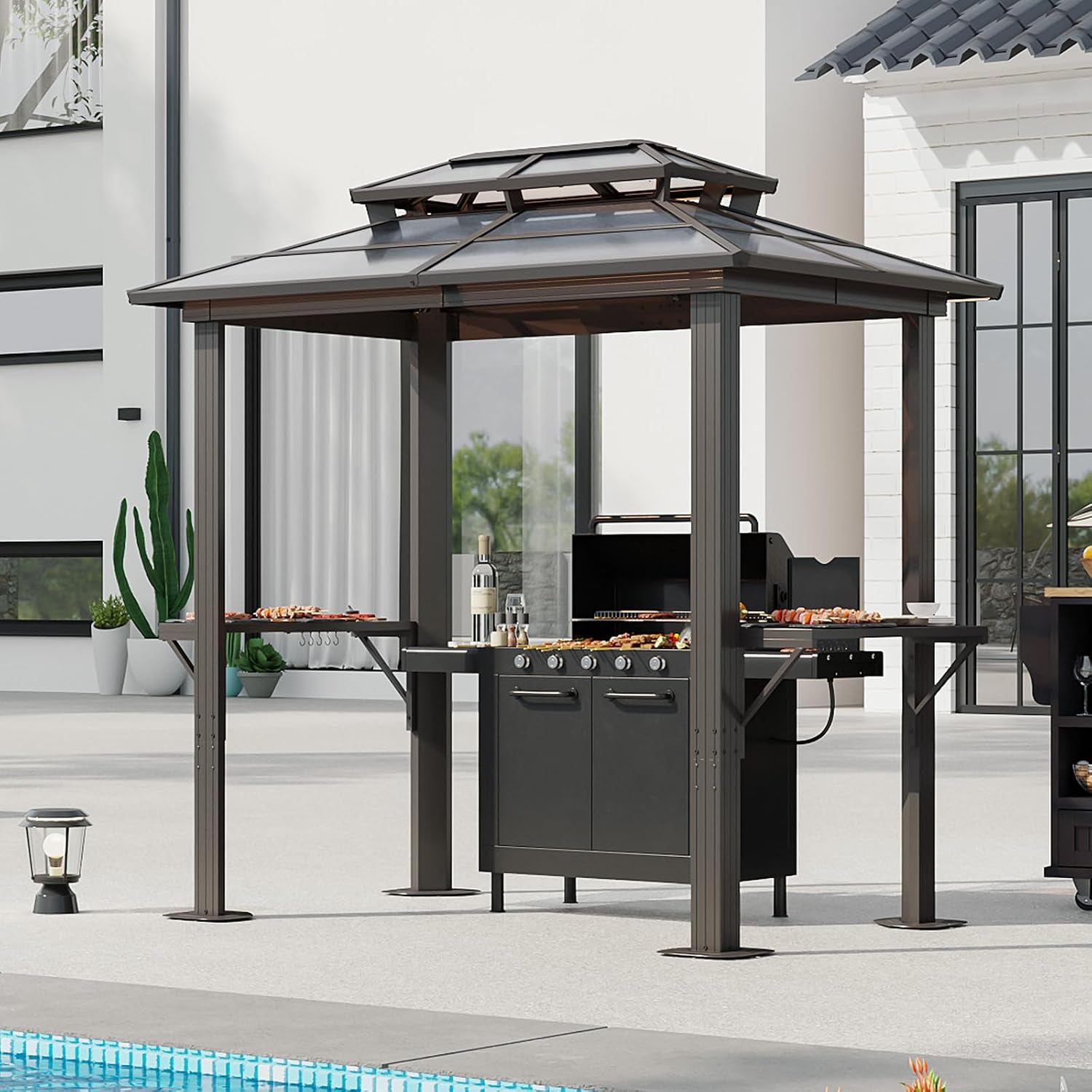 Aoxun Grill Gazebo 8 x 5FT, Aluminum BBQ Gazebo with Double Polycarbonate Top, Grill Canopy Hardtop with Shelves for Lawn, Patio, Garden