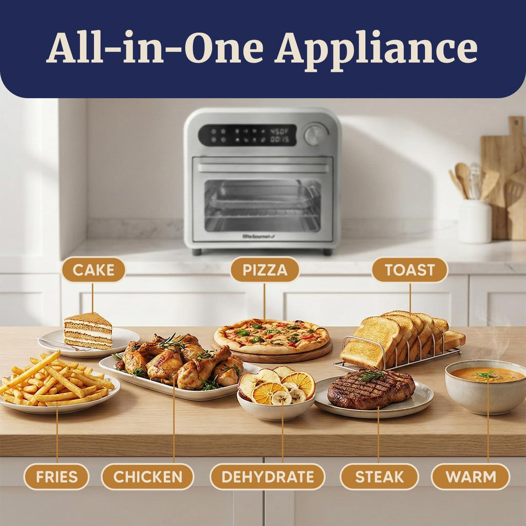 Elite Gourmet EAF1010D Programmable 10L Air Fryer Convection Countertop Oven, 8 Menu Settings, Temperature + Timer Controls, Bake, Toast, Broil, Air Fry, 1500W with Recipes, Steel Exterior