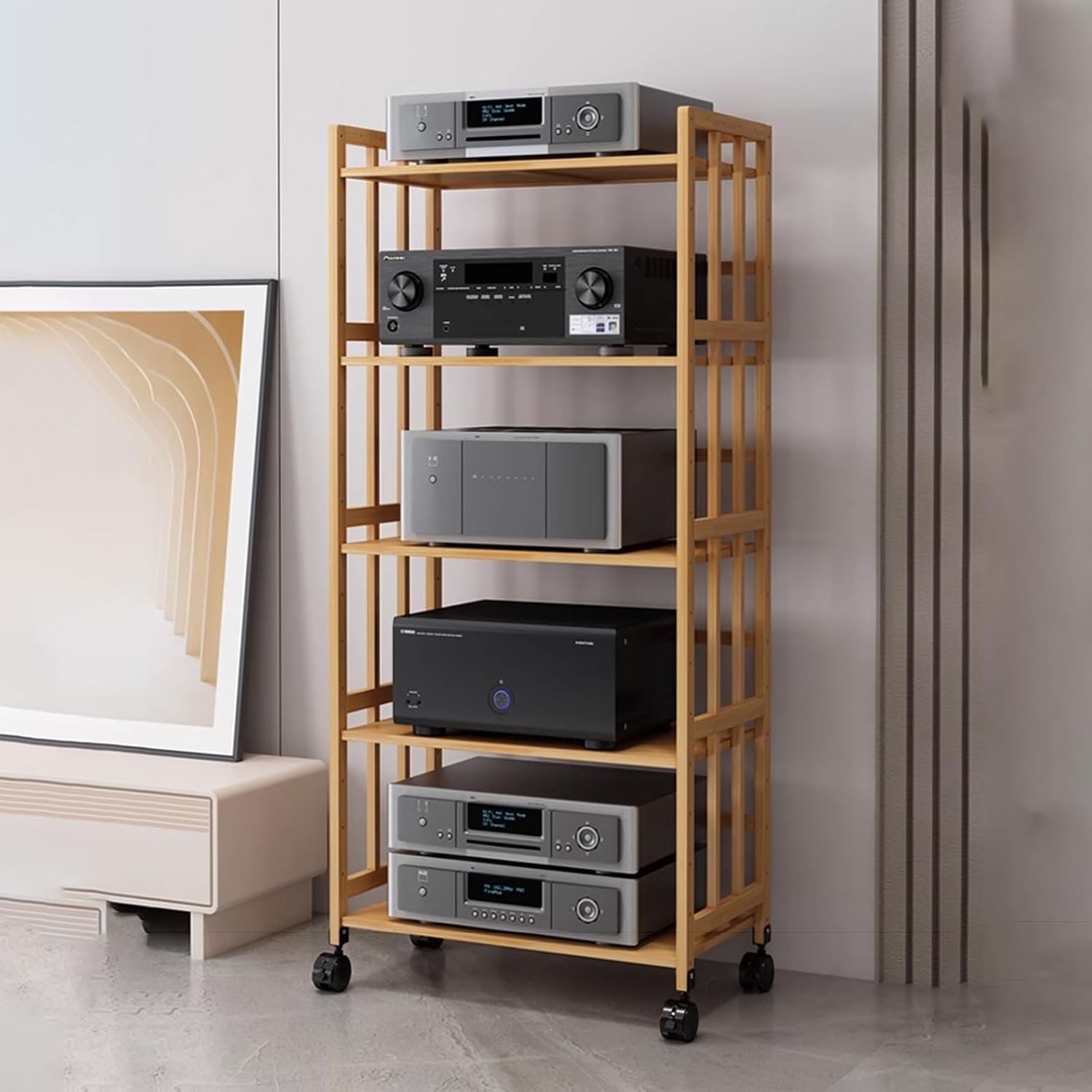 Large Capacity Vintage Stereo Console/AV Cabinet, 5-Tier Adjustable Speaker Stand/Electronics Equipment Shelf, Audio Component Rack with Wheels(Color:Light Brown,Size:55cm/21.7in)