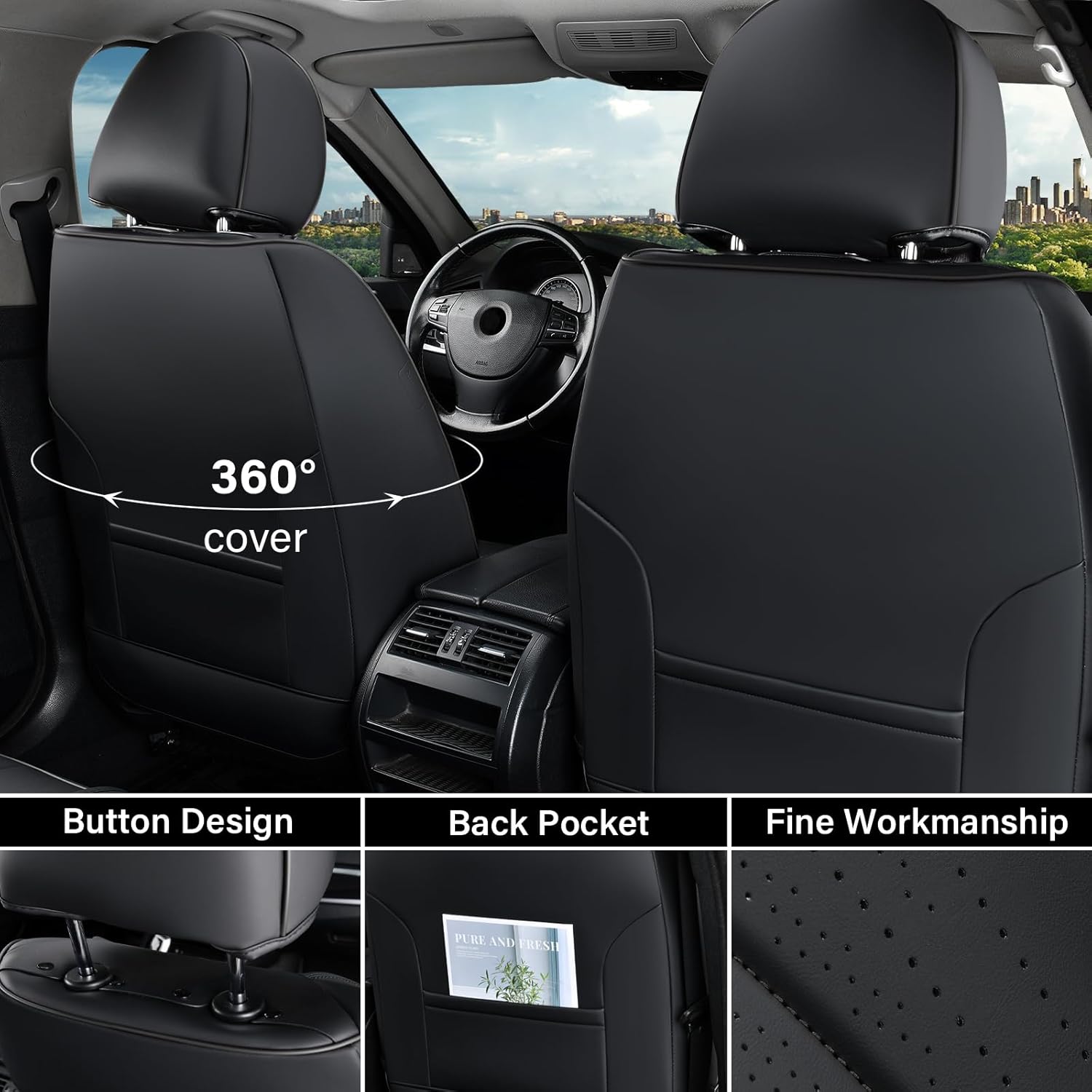 Coverado Car Seat Covers Full Set, Waterproof Nappa Leather Seat Cover for Cars, Luxury Universal Seat Cover, Front and Back Car Seat Protector Car Seat Cushion Fit for Most Cars(Black)
