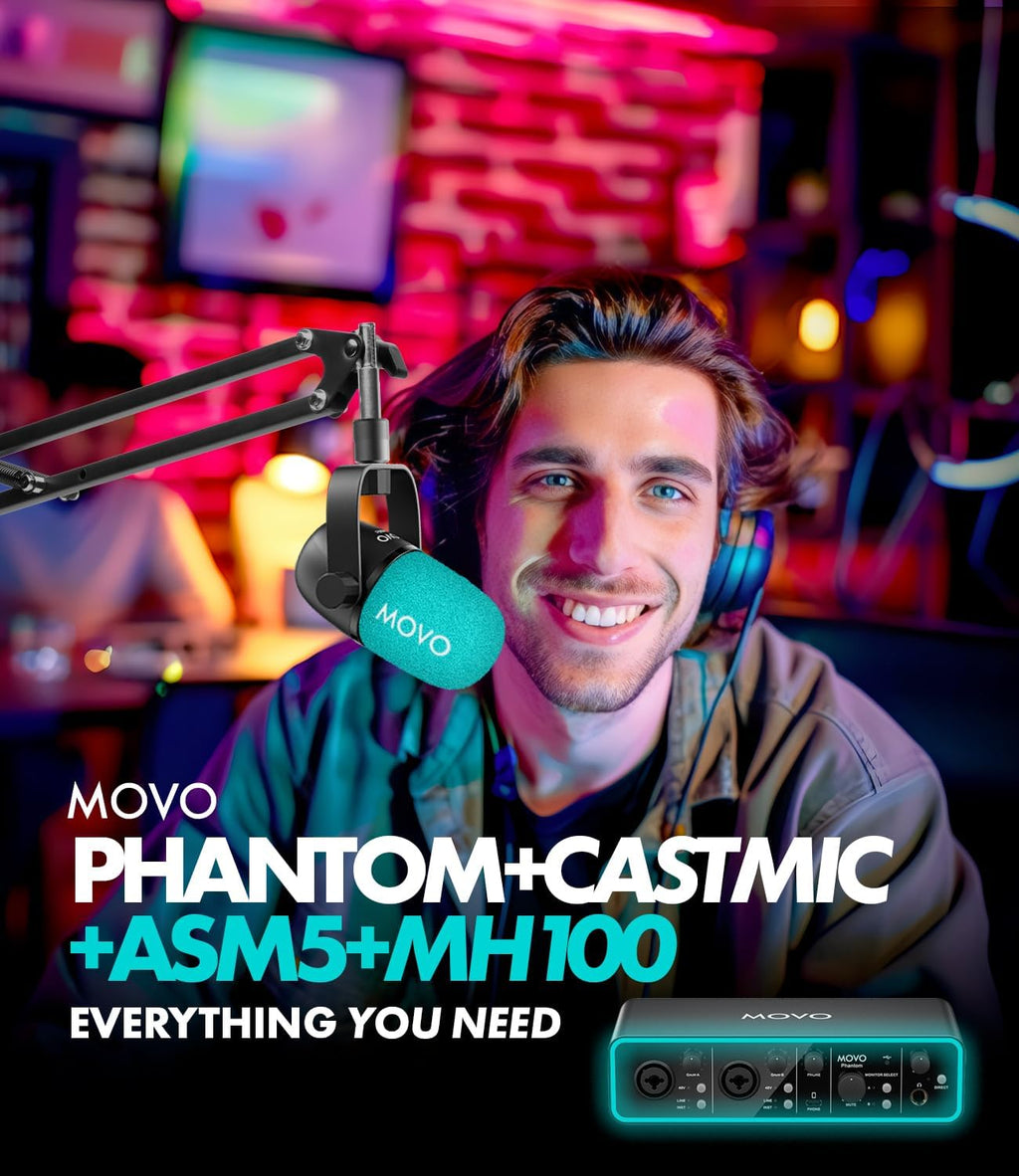 Movo Podcast Equipment Bundle for 2 with USB Audio Interface and 2 CastMic Dynamic Podcast Microphone Bundle with Mic Boom Arms and Headphones for Podcasting, Streaming, and Musicians - Podcast Kit