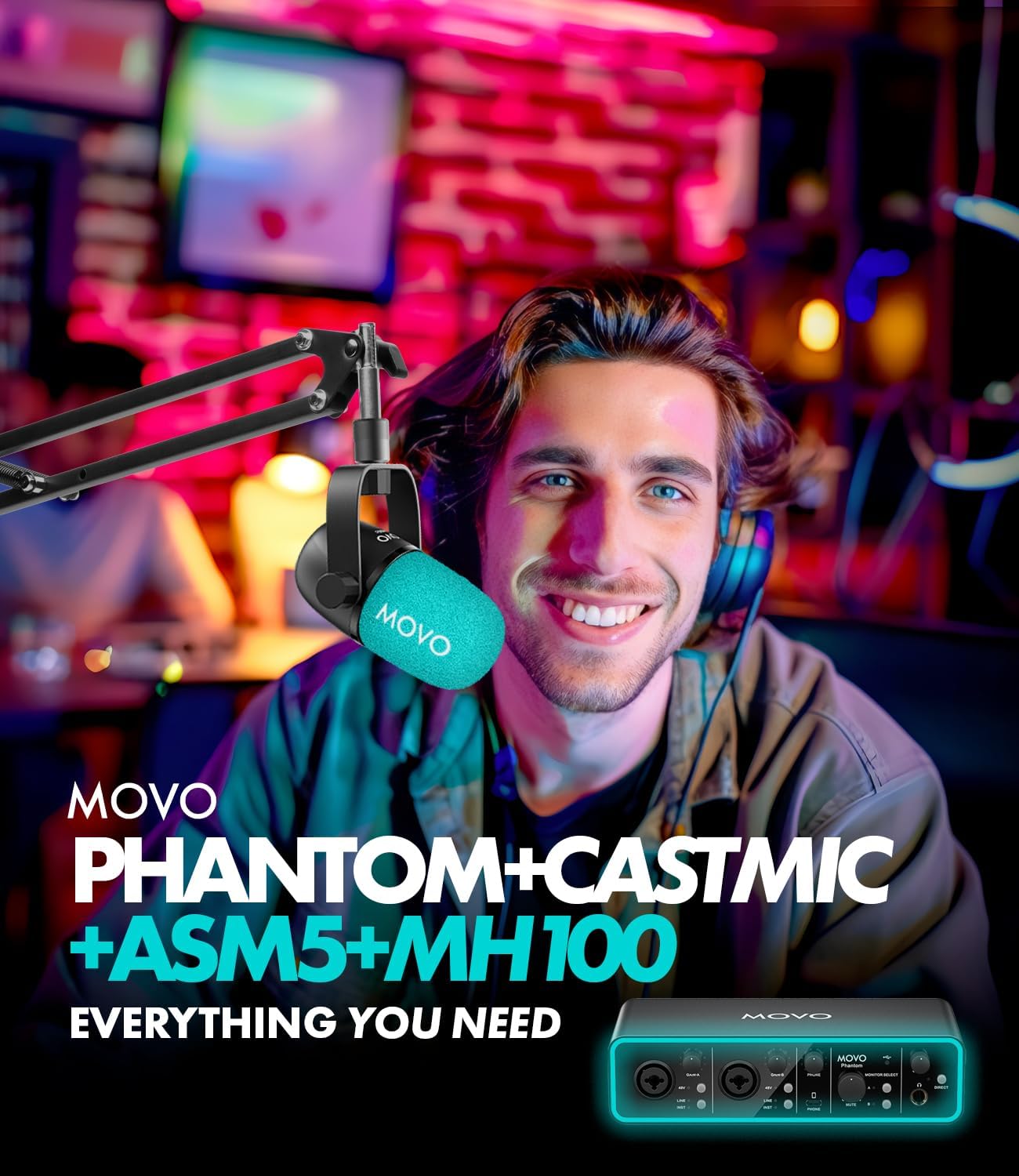 Movo Podcast Equipment Bundle for 2 with USB Audio Interface and 2 CastMic Dynamic Podcast Microphone Bundle with Mic Boom Arms and Headphones for Podcasting, Streaming, and Musicians - Podcast Kit