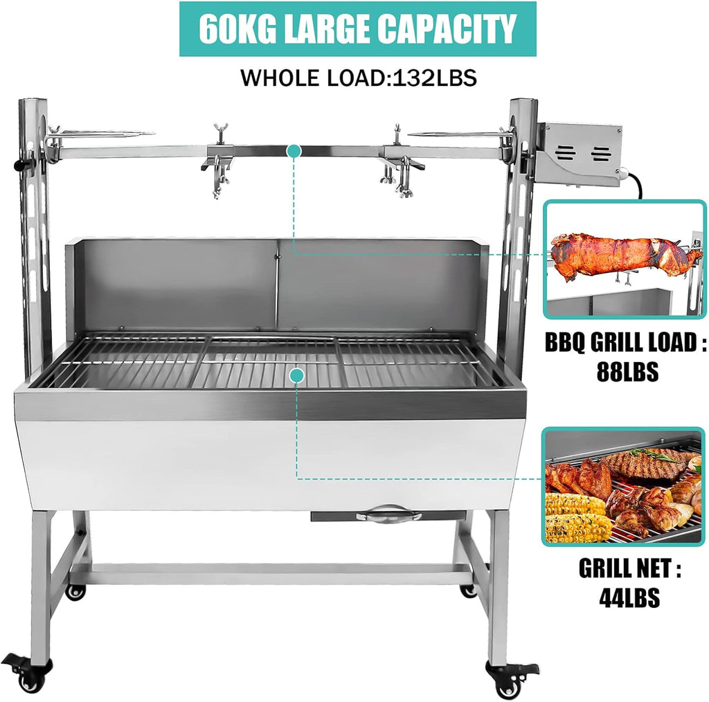 Stainless Steel Rotisserie Grill with Back Cover Guard, 25W Motor Small Pig Lamb Roaster, 37'' 2 in 1 BBQ Charcoal Rotisserie Grill for Camping Outdoor Kitchen