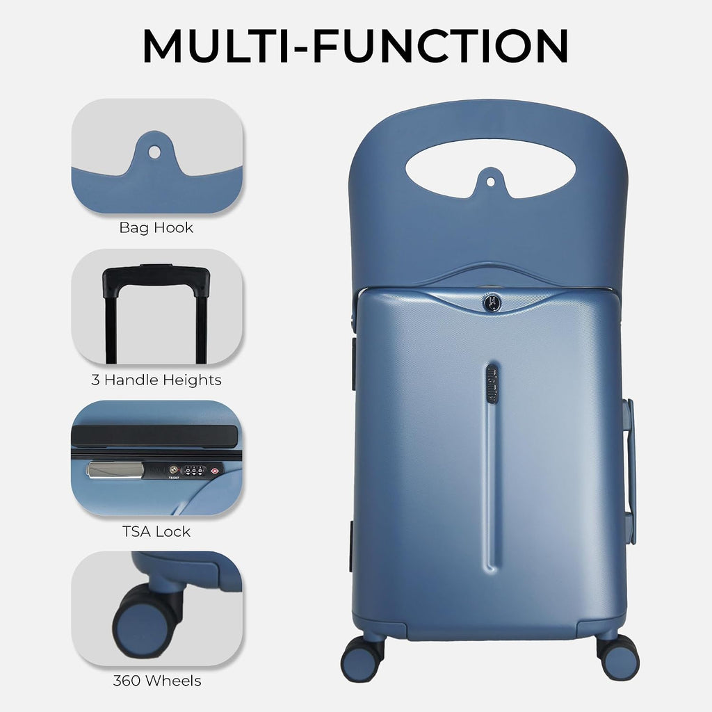 MiaMily Kids Ride-On Carry-On Suitcase with Foldable Seat, Safety Belt, TSA Lock, 4 Double Spinner Wheels, Hard Shell Cabin Luggage, 43L, Slate Blue