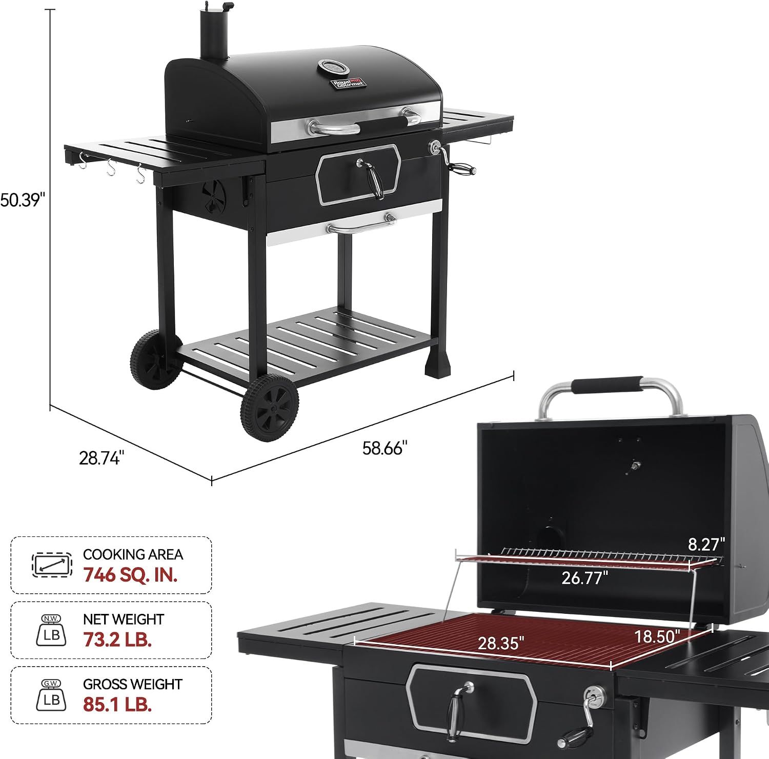 Royal Gourmet CD2030AN 30-Inch Charcoal Grill, Deluxe BBQ Smoker Picnic Camping Patio Backyard Cooking, Black, Large