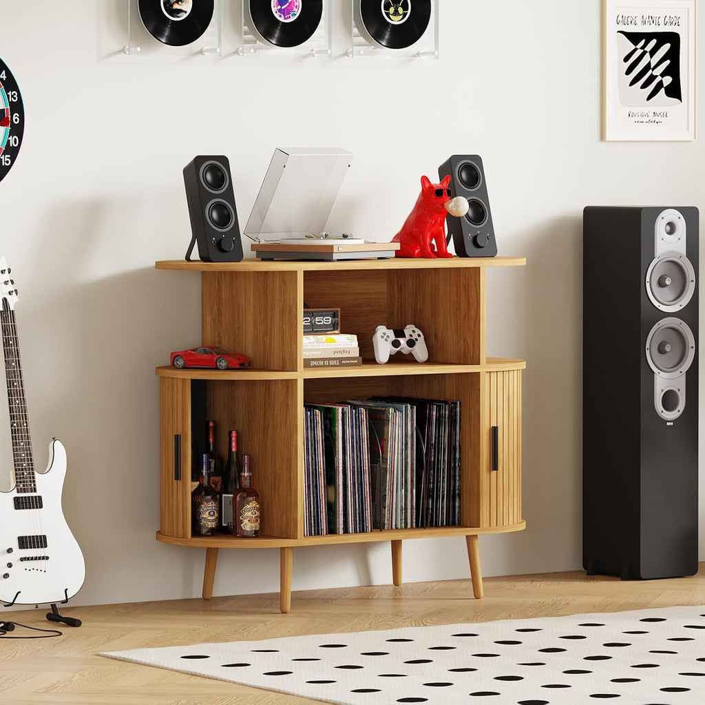 35.4' Record Player Stand with Storage - Vinyl Record Storage Cabinet & Media Console Holds 300+ Records, Mid Century Modern Turntable Stand for Living Room (Natural, 35.4')