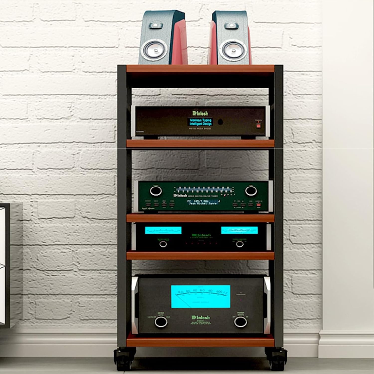 Modern Media Stand on Wheels - Movable Audio-Video Tower Cabinet for Entertainment Equipment, Stereo Component Storage, Ideal for Living Room, Gaming & Recording Spaces (Black)