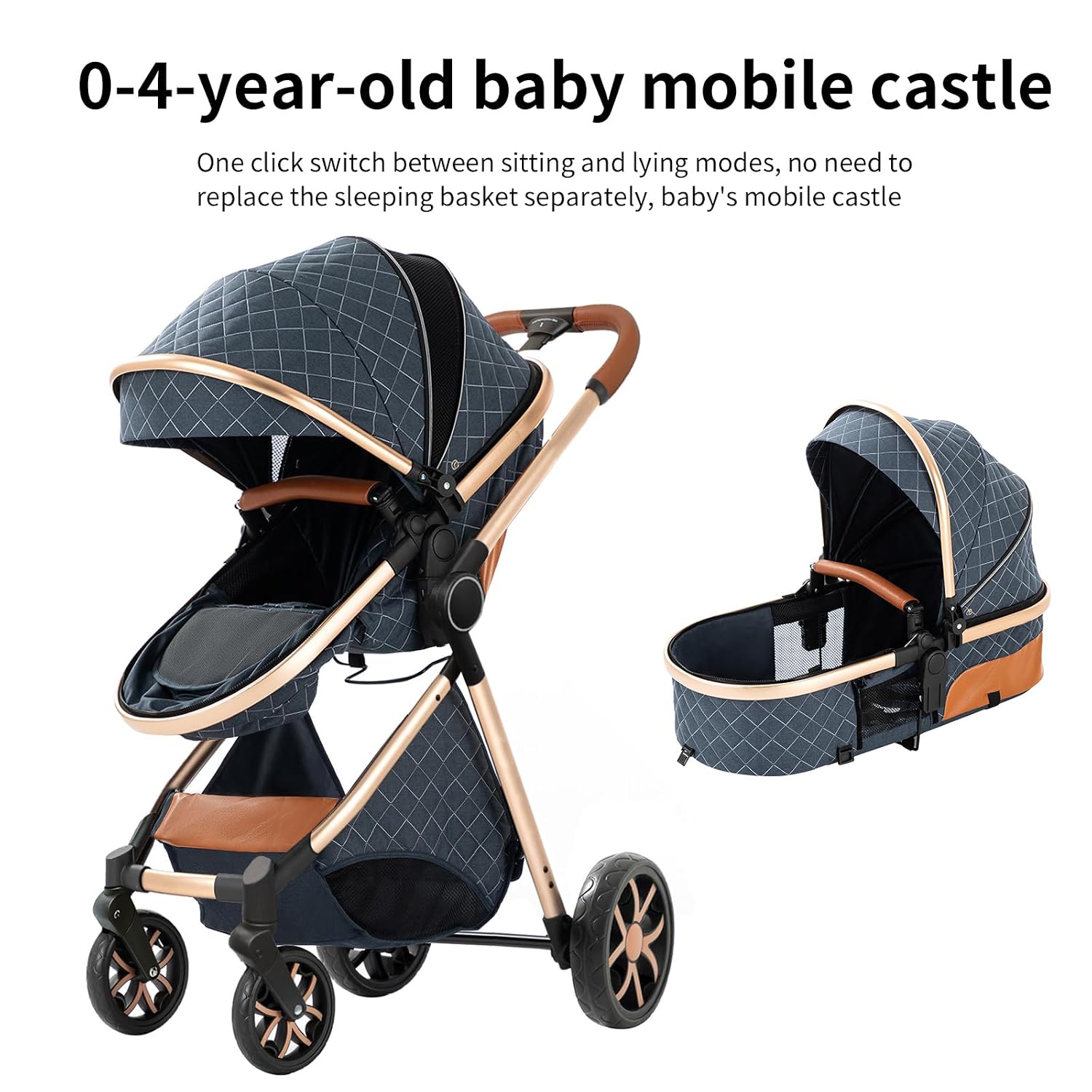 2 in 1 Baby Stroller Reversible Portable Standard Stroller Convertible Pushchair Infant Buggy Baby Carriage Foldable High Landscape Pram for Toddler Newborn (225 Pink)