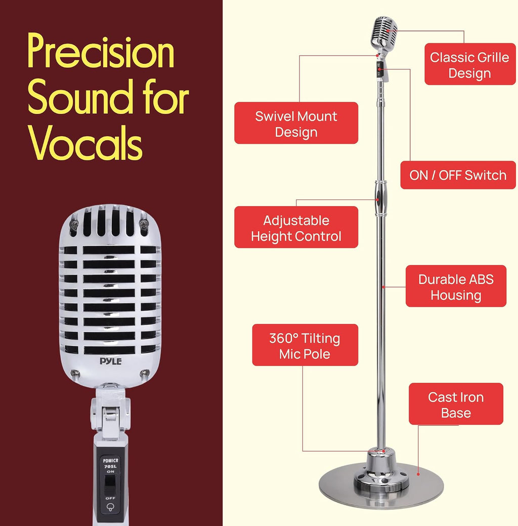 Pyle Retro Microphone, Classic Vintage Style, Unidirectional Audio, Adjustable Stand, XLR Cable, Silver Finish, Dynamic Vocal Performance Mic with 49-69' Swing Stand and Detachable Microphone