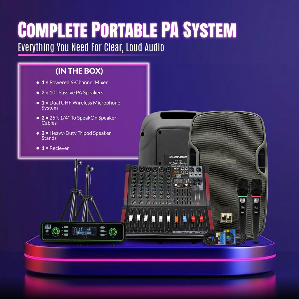 MUSYSIC Portable PA System with Wireless UHF Microphone, 10' Powered PA Speakers, Party DJ Speakers, 2000W Built-in Amplifier w/6 Channel Audio Mixer System, 800W Powered Speaker, Dual Tripod Stands